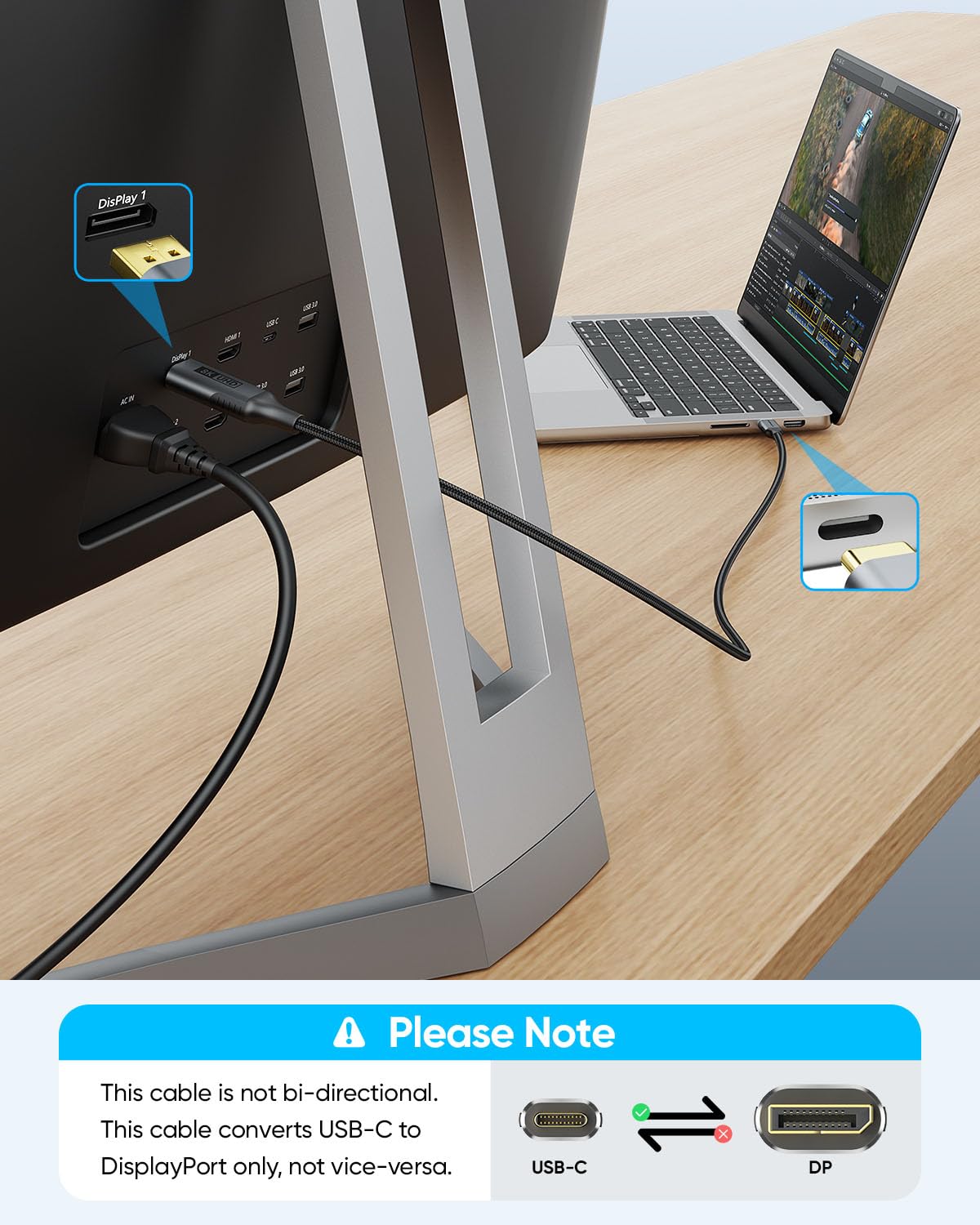 SUNGUY Câble USB-C vers DisplayPort 1m, 8K@60Hz 4K@240Hz, USB C vers DP 32.4Gbps unidirectionnel compatible Thunderbolt 4/3 pour iPhone 16/15 Pro Max, MacBook Pro/Air, iPad, Mac Mini