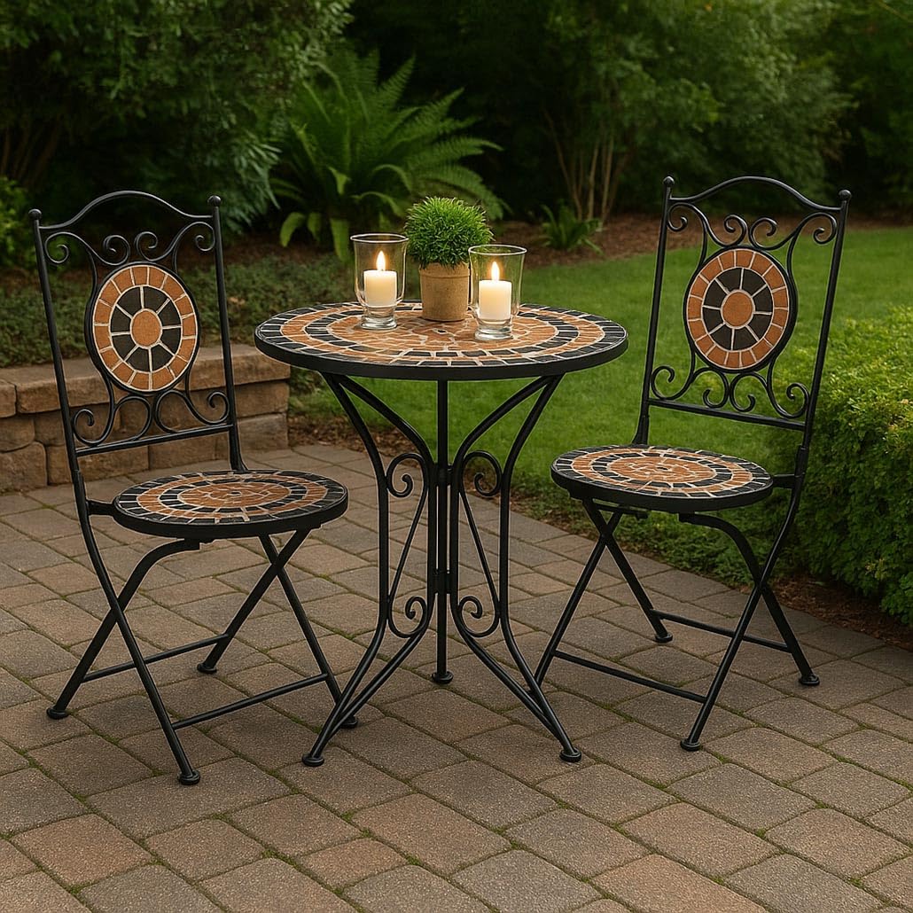 Kobolo Tischgruppe Gartenmöbel Mosaik 1 Tisch 2 Stühle schwarz