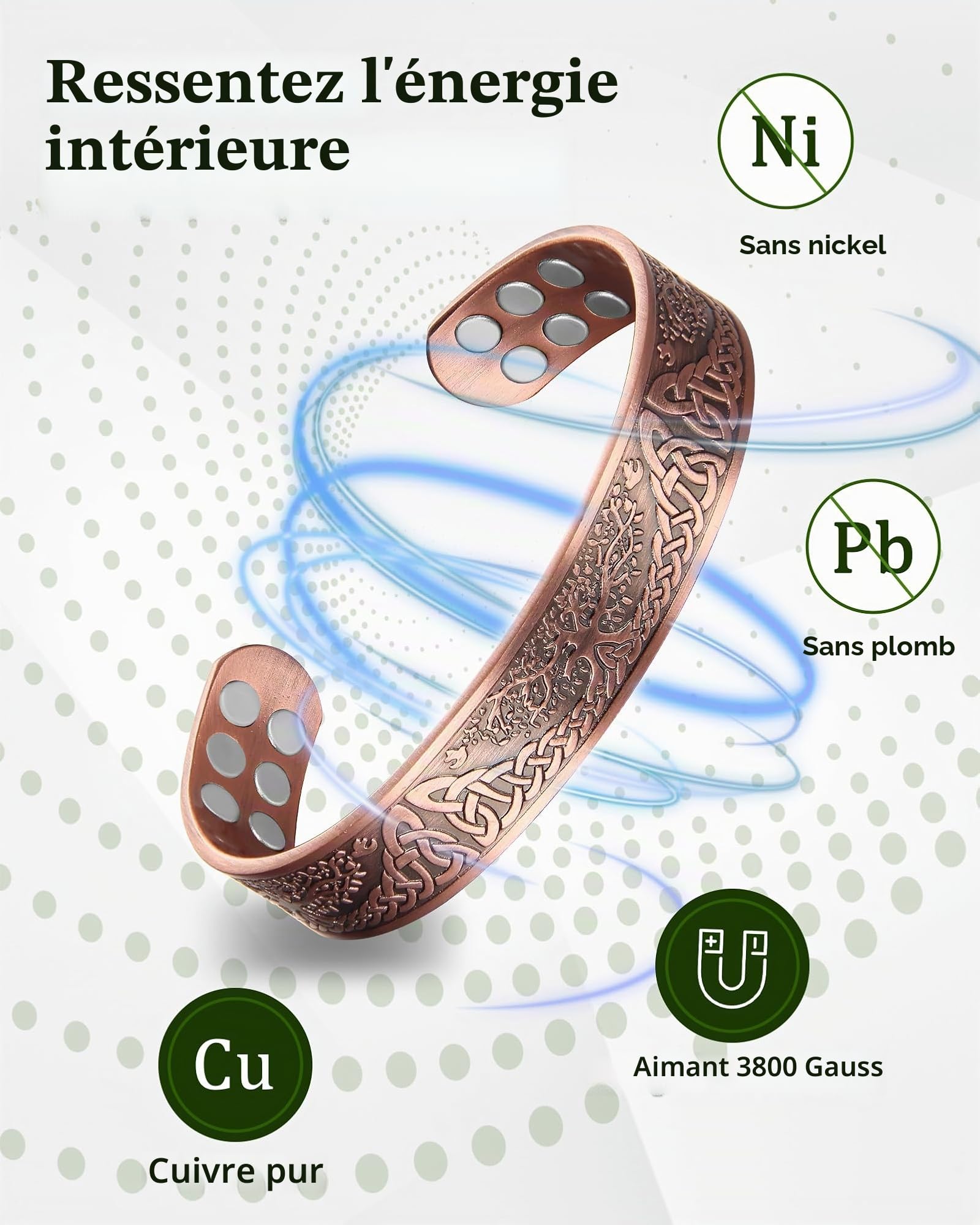 MagEnergy Bracelet en cuivre pour homme, bracelet magnétique avec 18 aimants, cuivre massif 99,99% pur, bracelet ajustable pour homme, idée cadeau (L'arbre de la vie), Eine Grösse, Cuivre