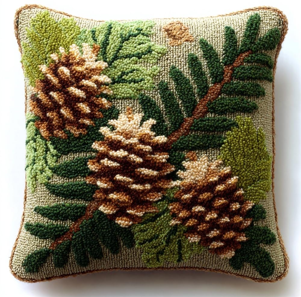 FWRTYCB Latch Hook Pillow Kit Pinecones and Pine Leaves Crochet Yarn Hooki