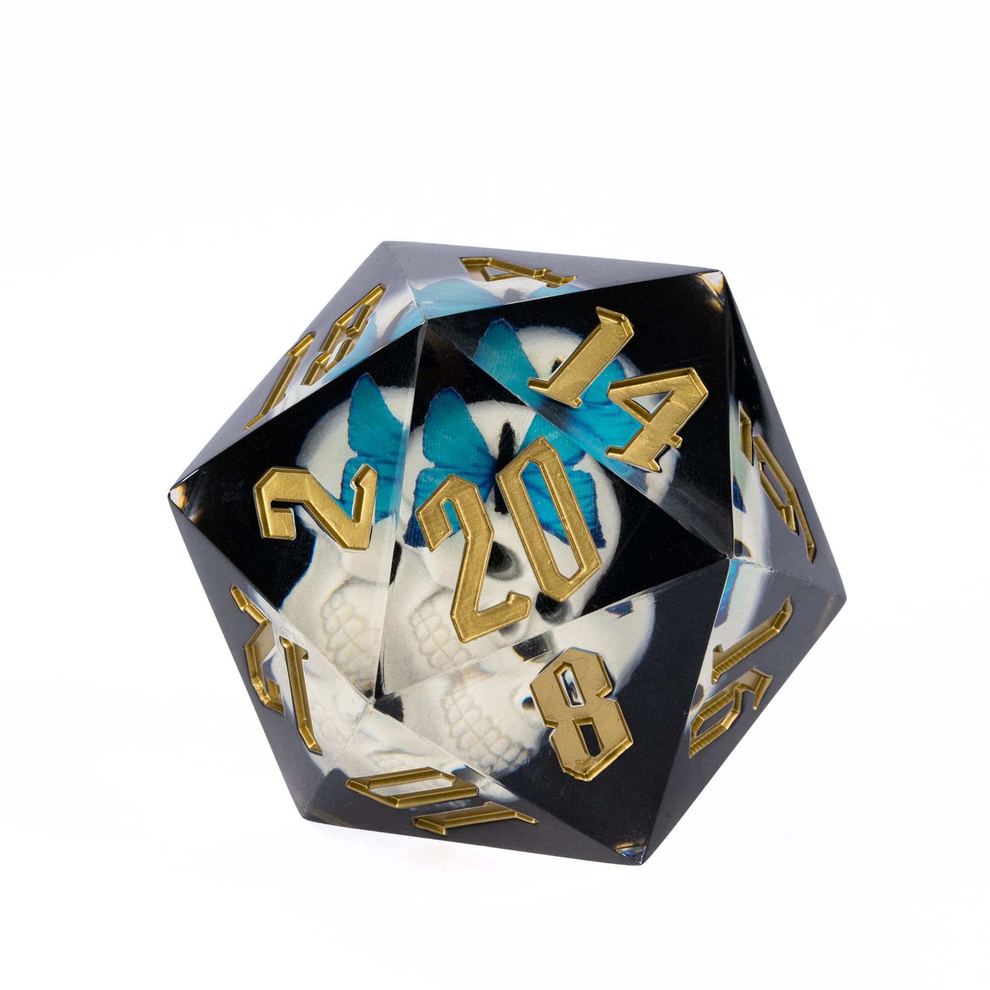 Cusdie Large D20 Dice 55mm with Sharp Edges, D&D 20 Sided Dice, Handmade Dice DND Giant D20 for Dungeons and Dragons RPG, Table Games(White Skull w/Blue Butterfly)