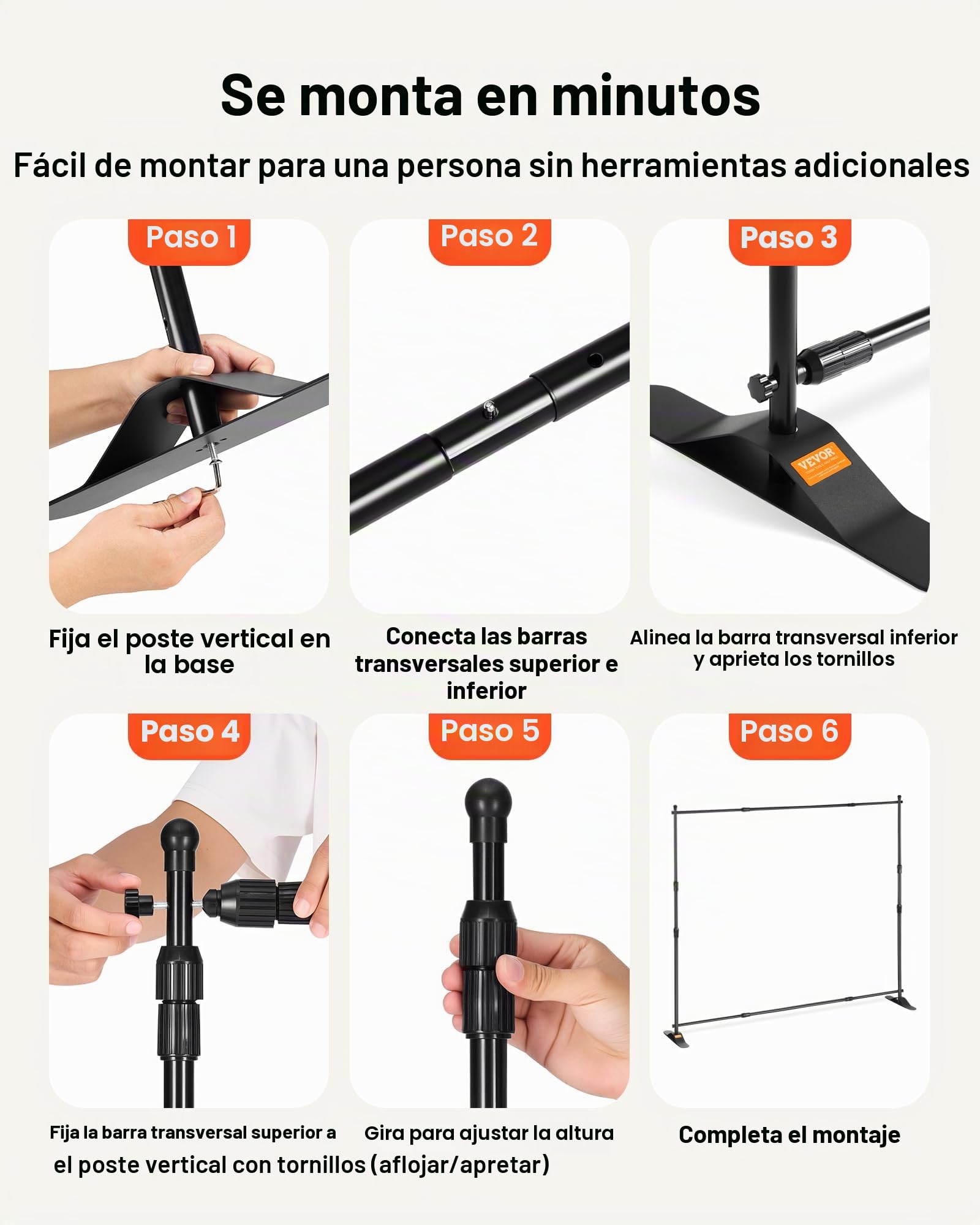 VEVOR Soporte para Fondos de Fotografía 3 m x 2.4 m, Anchura Ajustable 66 "- 120" Soporte de Banner para Telón de Fondo Altura 37"- 96" Negro para Feria Comercial Telescópico Expositor