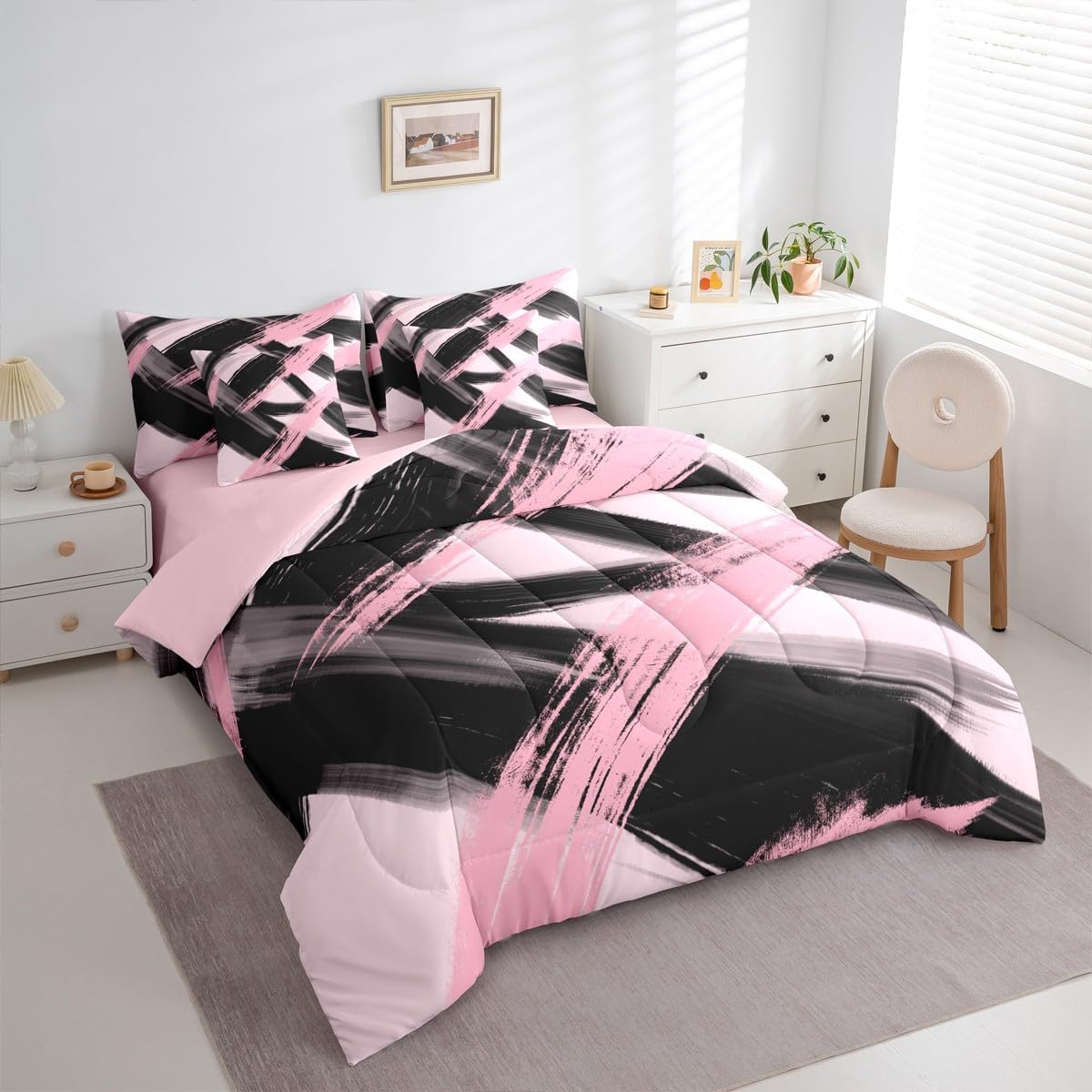 Feelyou Black Pink Comforter Set with Sheets Queen Size Abstract Geometric 7 Pieces Bedding Set for Boys Girls Modern Minimalist Bed in a Bag Microfiber