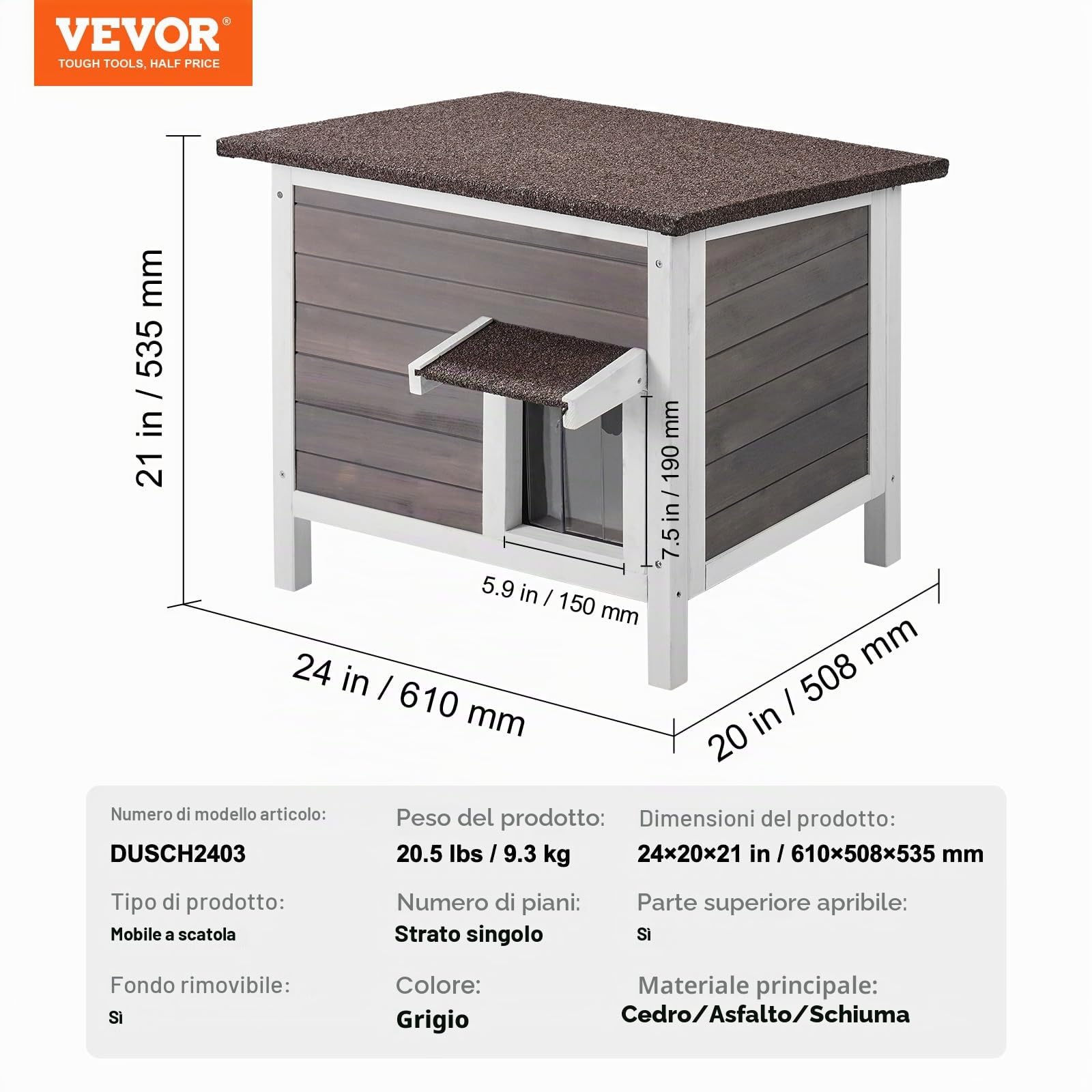 VEVOR Cuccia per Gatti da Esterno, 610x508x535 mm, Cuccia per Gatti in Legno, Resistente alle Intemperie, Isolamento in Schiuma, Tetto Aperto, Porta a Ribalta, Cuccia per Gatti Animali, Grigio