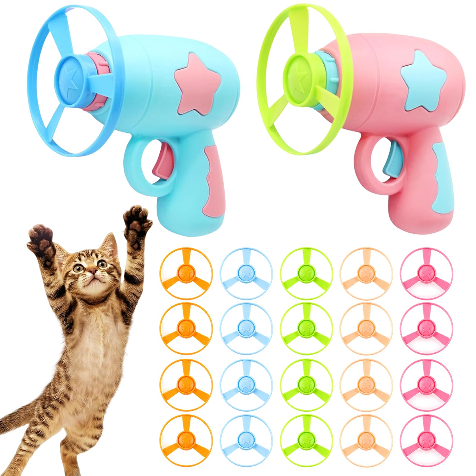 Wtoawgt Interactive Cat Toy, Flying Disc Launcher Toy with 2 Shooters & 20 Colourful Propellers, Versatile Cat Toys for Interaction, Exercise, Training, Hunting, Chasing