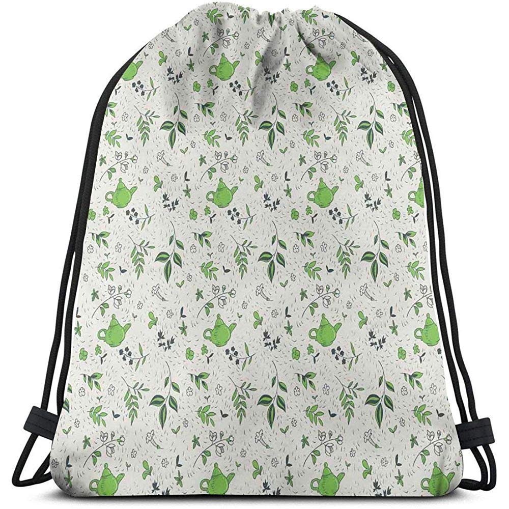 Dusk Fort Printed Drawstring Backpacks Bags,Exotic Herbal Tea Concept Green Tea And Jasmine Leaves,Adjustable String Closure