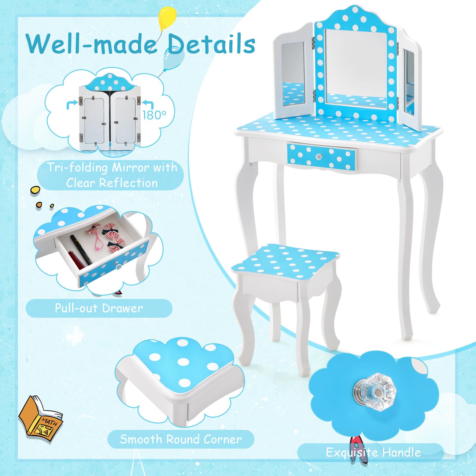 RELAX4LIFE Toeletta Trucco per Bambina, Specchiera Trucco con Sgabello e Cassetto, Toeletta in Legno, Specchio Rimovibile, per Bambini 3+ Anni (60 x 27,5 x 97,5 cm, Pois Blu)