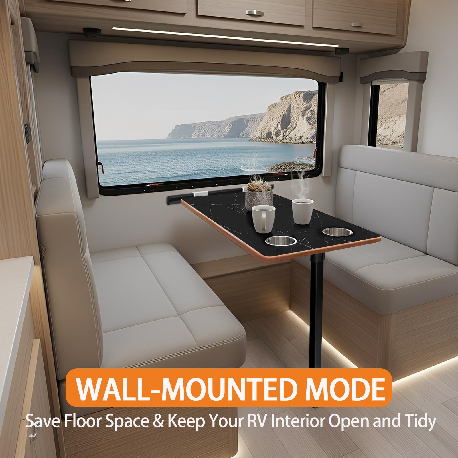 Wohnmobil-Tisch mit verstellbarem Teleskopbein, 80 x 40 cm, schwarze Rock-Textur-Tischplatte mit zwei Getränkehaltern, Wandmontage oder freistehender Esstisch für Wohnmobil, Boot, Schwarz