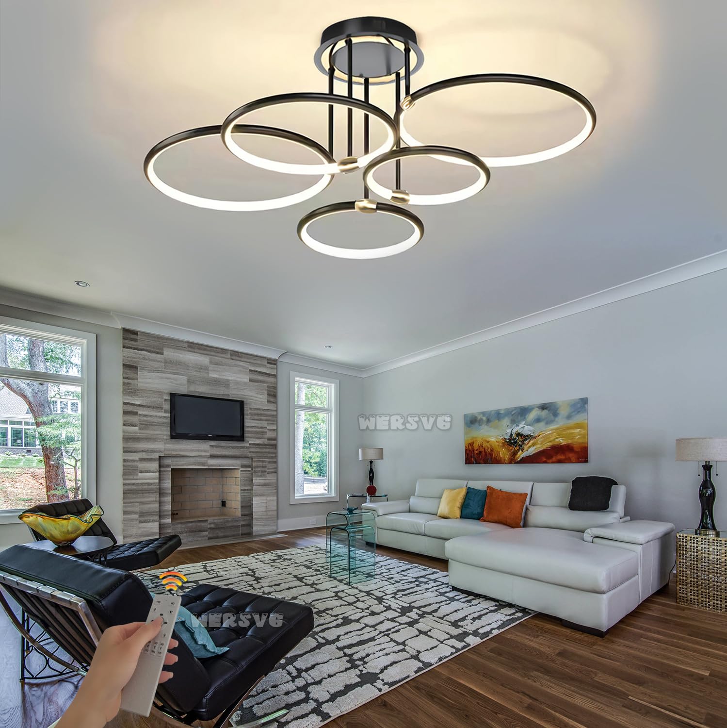 Lampa sufitowa Nowoczesna LED Ściemniana Czarna Lampa Sufitowa Pierścieniowa Z Pilotem Oświetlenie Do Sypialni Salon Kuchnia Jadalnia Przedpokój Lampa Wisząca (5 Pierścień/83cm/84W)