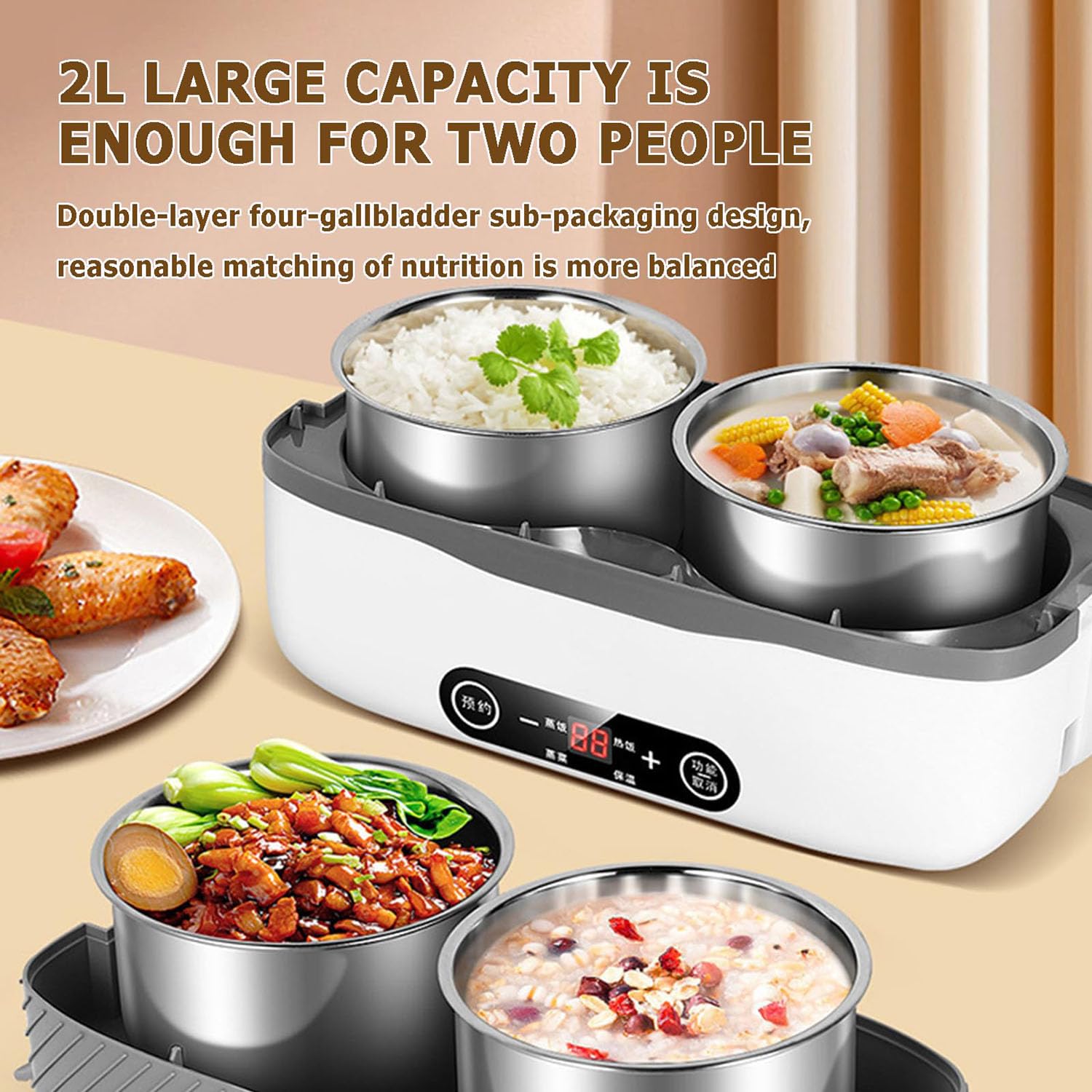 Fiambrera Eléctrica, Fiambrera De Acero Inoxidable Extraíble De 2 litros, Fiambrera con Calefacción De Doble Capa De 300 W, Calentador De Almuerzo Portátil con Tapa De Compartimento A Prueba De Fugas