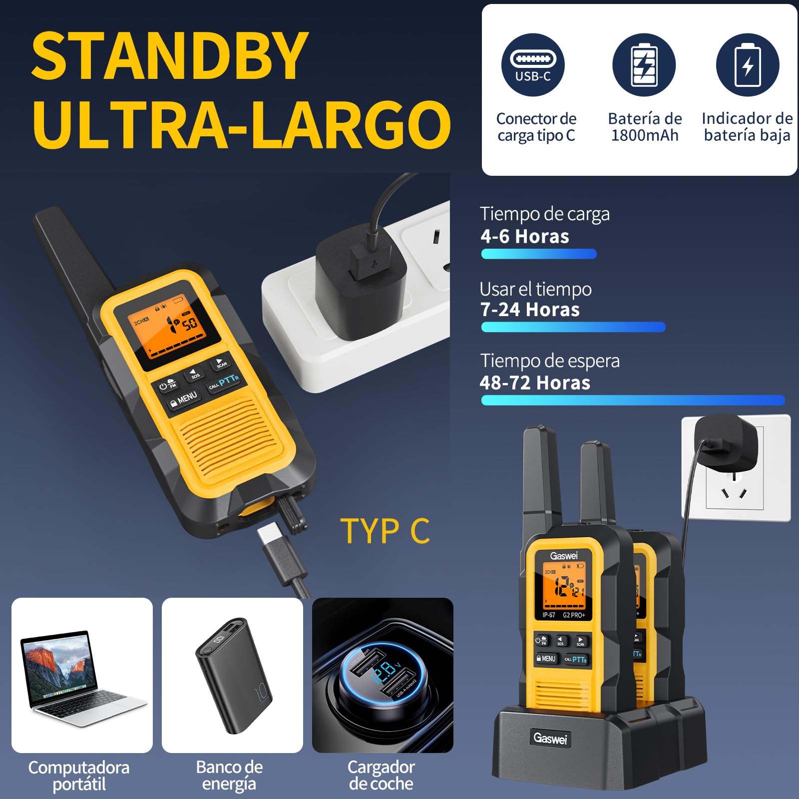Gaswei G2Pro Walkie-Talkies Profesionales, 2 Unidades - IP67 Impermeable y Flotante, Largo Alcance, SOS, Radio FM, Color Amarillo​ — view 6