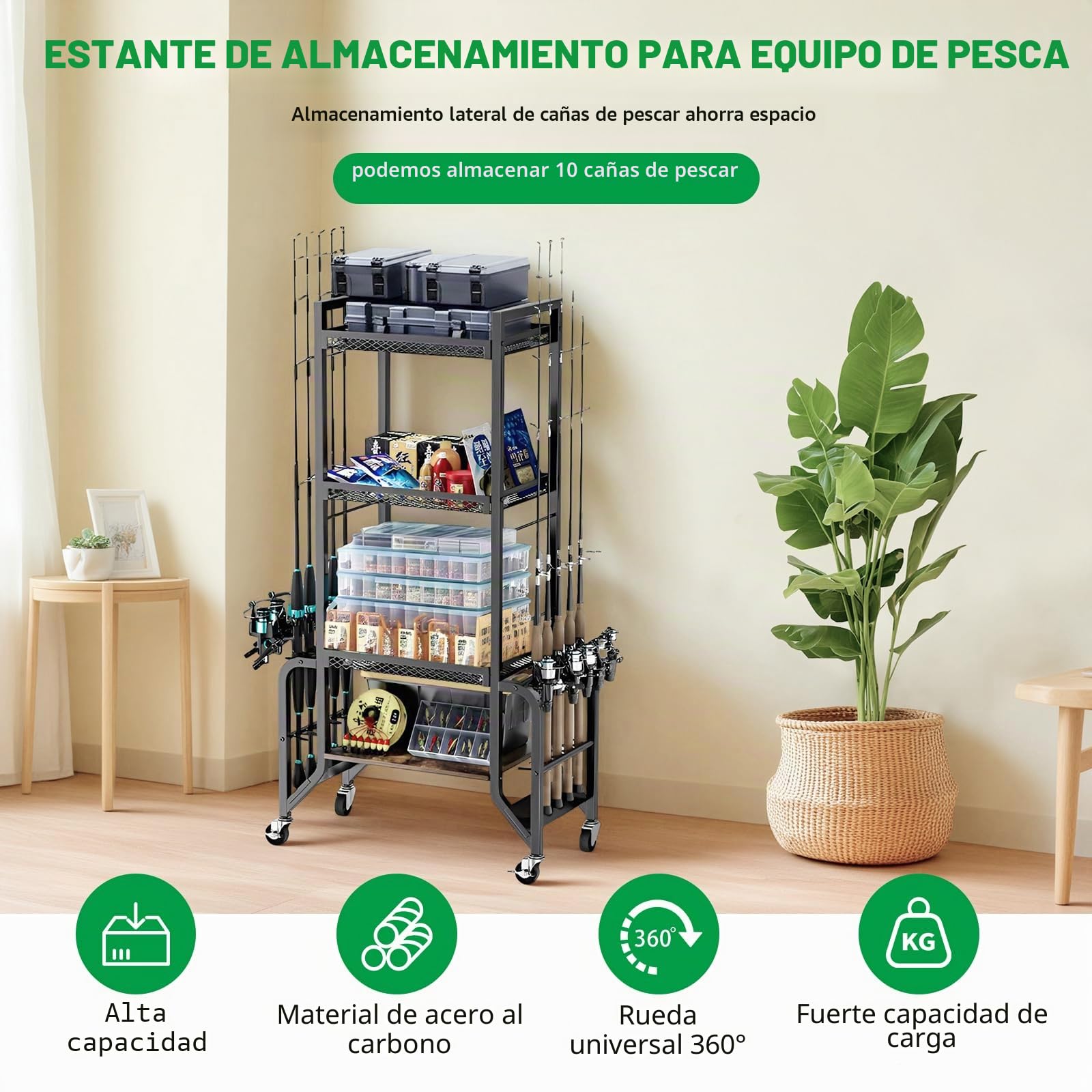 JAOGAUS Soporte para caña de pescar de 4 capas con ruedas para 10 cañas de pescar, estante con 4 rodillos para un fácil movimiento, 2 de ellos con frenos, para garaje, barco, hogar, accesorios de