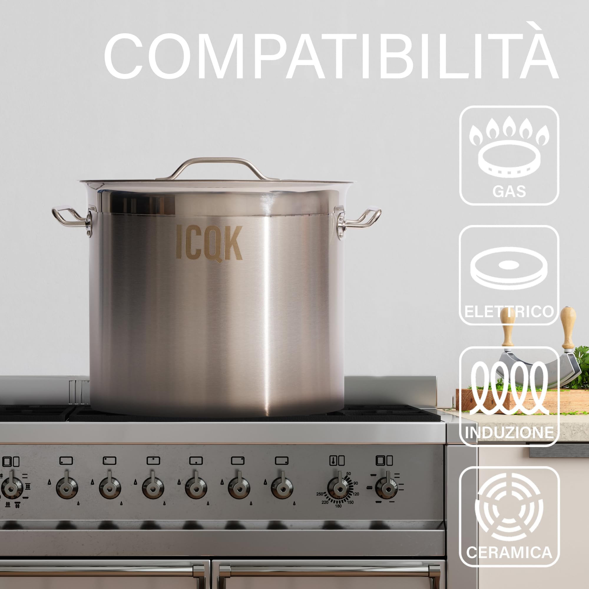 Pentola in Acciaio Inox 50 L, Coperchio Incluso, ⌀40 cm, Con Bordo A Versare, Compatibile con Induzione, Elettrico, Ceramica, Gas, Fondo Triplo Strato, Manici in Acciaio, Assistenza ITALIA