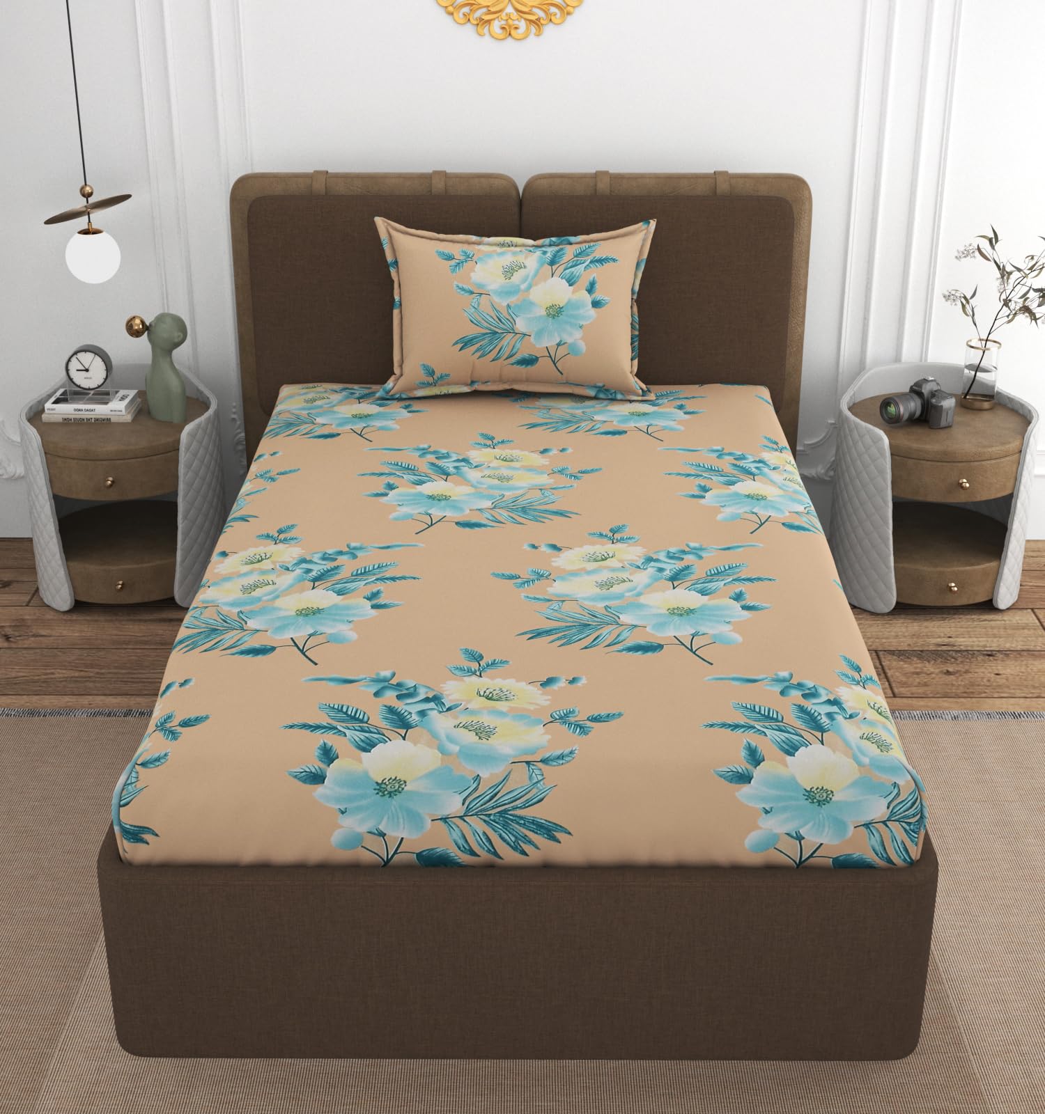 VOMZER 300 TC Cotton Elastic Fitted Bedsheets Single Bed with 1 Pillow Cover | Single Bed with All Around Elastic, Size 36 x 72 x 8 Inches, Aqua Leaves