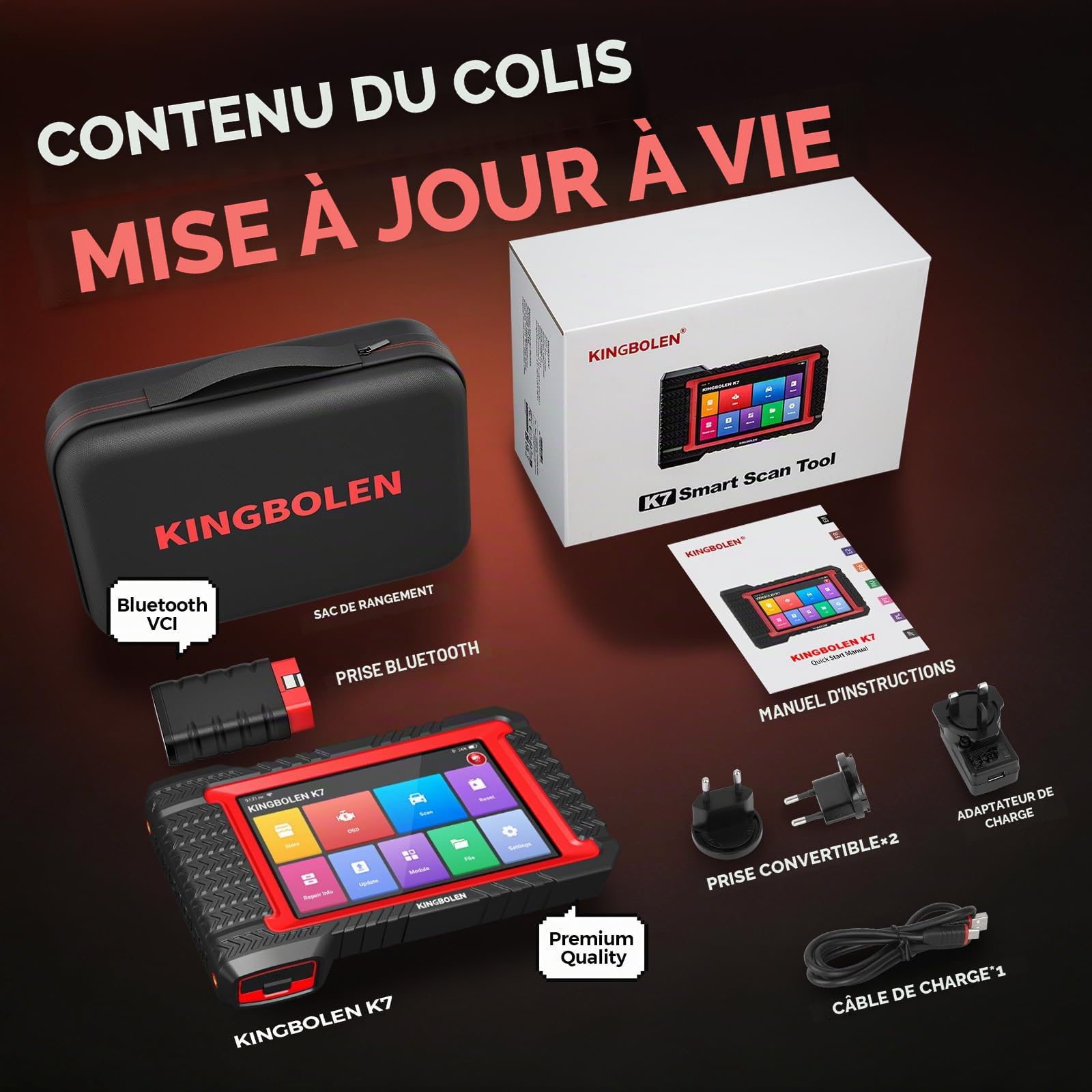 KINGBOLEN K7 Valise Diagnostic Auto Multimarque, OBD2 Diagnostic Français pour système Complet avec 31+ Service, ECU Coding, Contrôle Bidirectionnel, CANFD, Mises à Jour gratuites à Vie