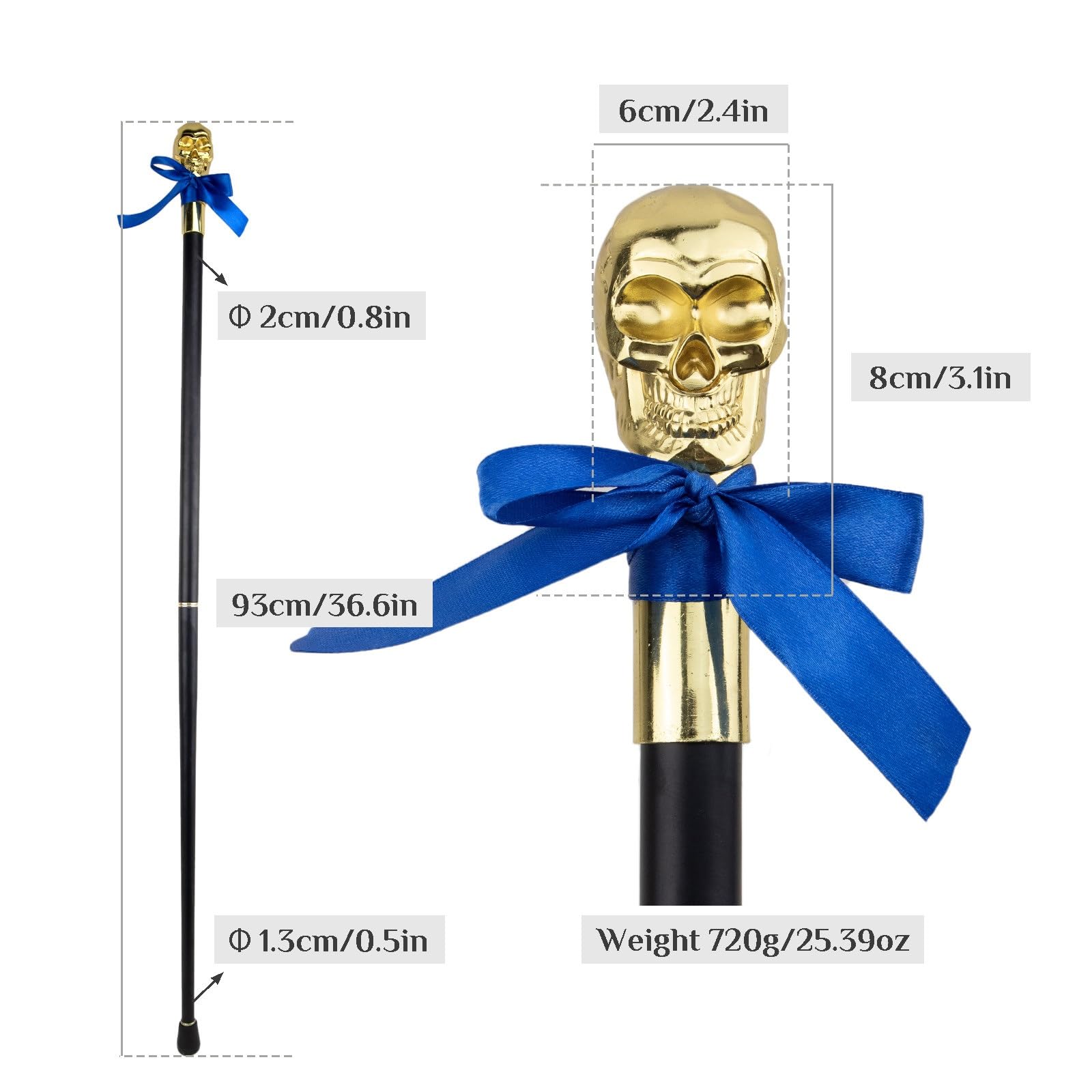 Bastón con Calavera Dorada, Bastón de Lujo Para Hombre y Mujer, con Cetro Antideslizante Desmontable, Estilo Vintage Cospaly 93 Cm