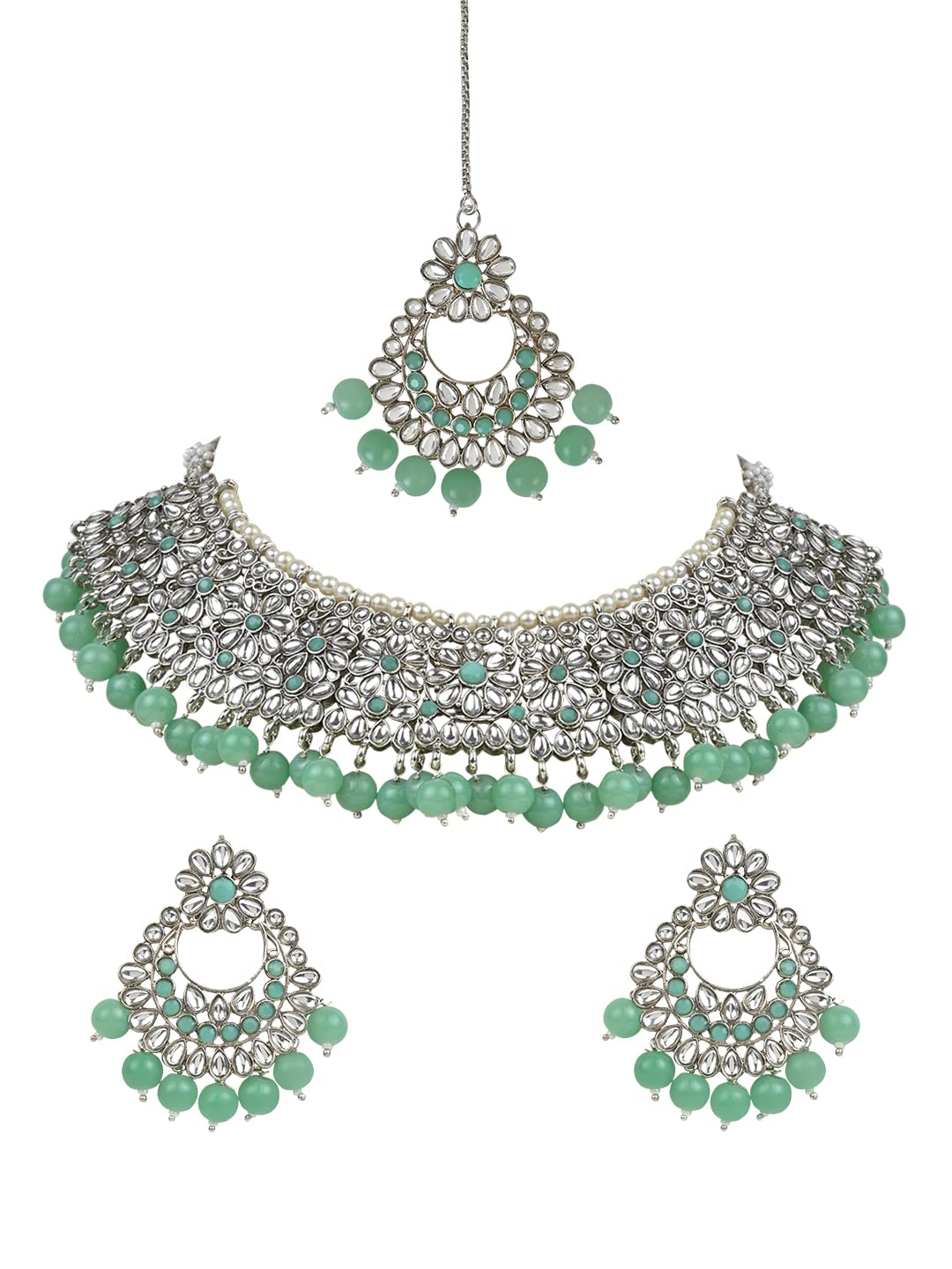 I Jewels Silver Plated Traditional Kundan Studded Pearl Drop Bridal Choker Necklace With Chandbali Earrings & Maang Tikka Jewellery Set For Women/Girls (K7217Min) (B0B6F91QXY) Amazon Price History, Amazon Price Tracker