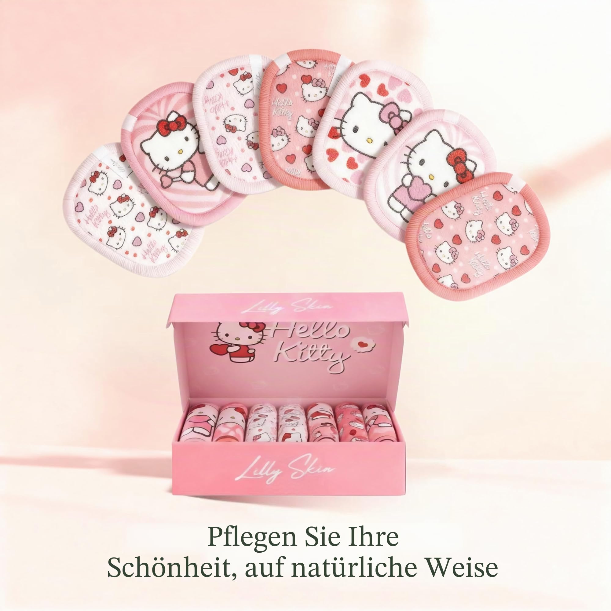Lilly Skin Waschbare und wiederverwendbare Reinigungspads – Quadratische Mikrofasertücher zum Reinigen und Peelen der Gesichtshaut – Packung mit 7 synthetischen Hautpads – Hello Kitty
