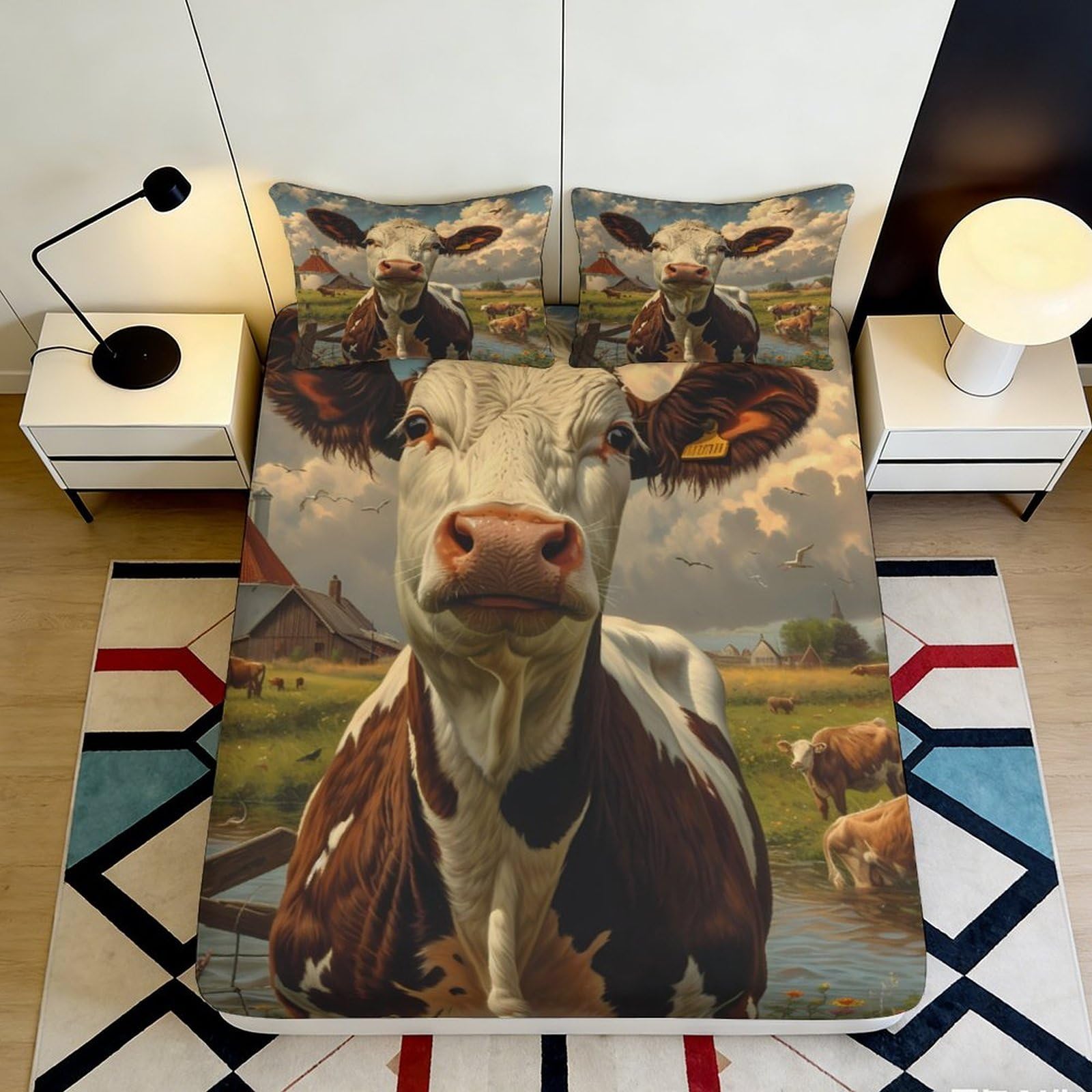 3D Printed Cow Pattern Fitted Sheet Microfiber Soft Durable Farm Animal Bed Cover with Mattress Cover for Bedroom Dormitory Guest Room Protection 140x200x25cm