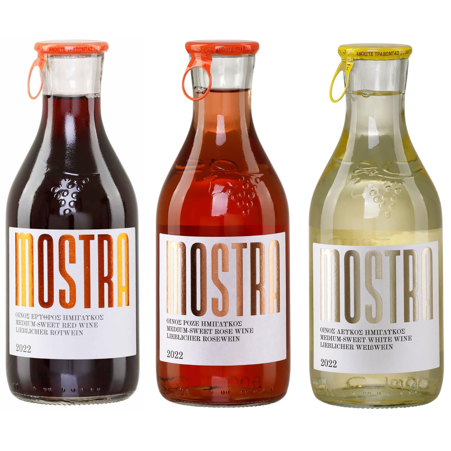 Wein Probierpaket lieblich 3x 0,5l von Tsililis | Mostra Rot, Rosé & Weiß | Griechische Qualitätsweine Imiglykos | Lieblich & blumig| Rotwein, Roséwein & Weißwein | + 20ml Jassas Olivenöl