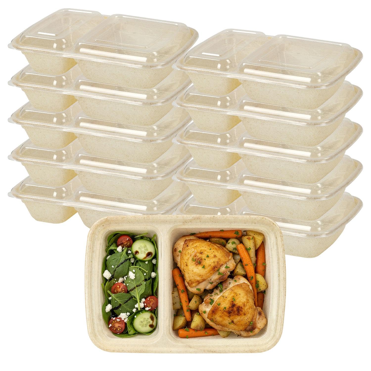Meal Prep Containers 10 Pack – Dual Compartment BPA-Free Food Storage Boxes with Airtight Leakproof Lids – Reusable Microwave, Freezer & Dishwasher Safe Containers for Portion Control (Beige)