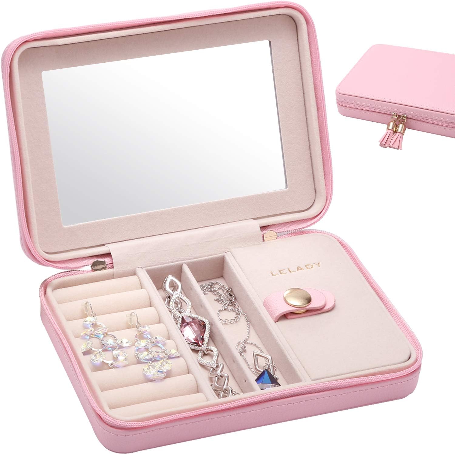 LELADY Small Jewellery Box for Women, PU Leather Jewellery Case for Travelling, Necklace Earring Holder Ring Box with Mirror (Pink)