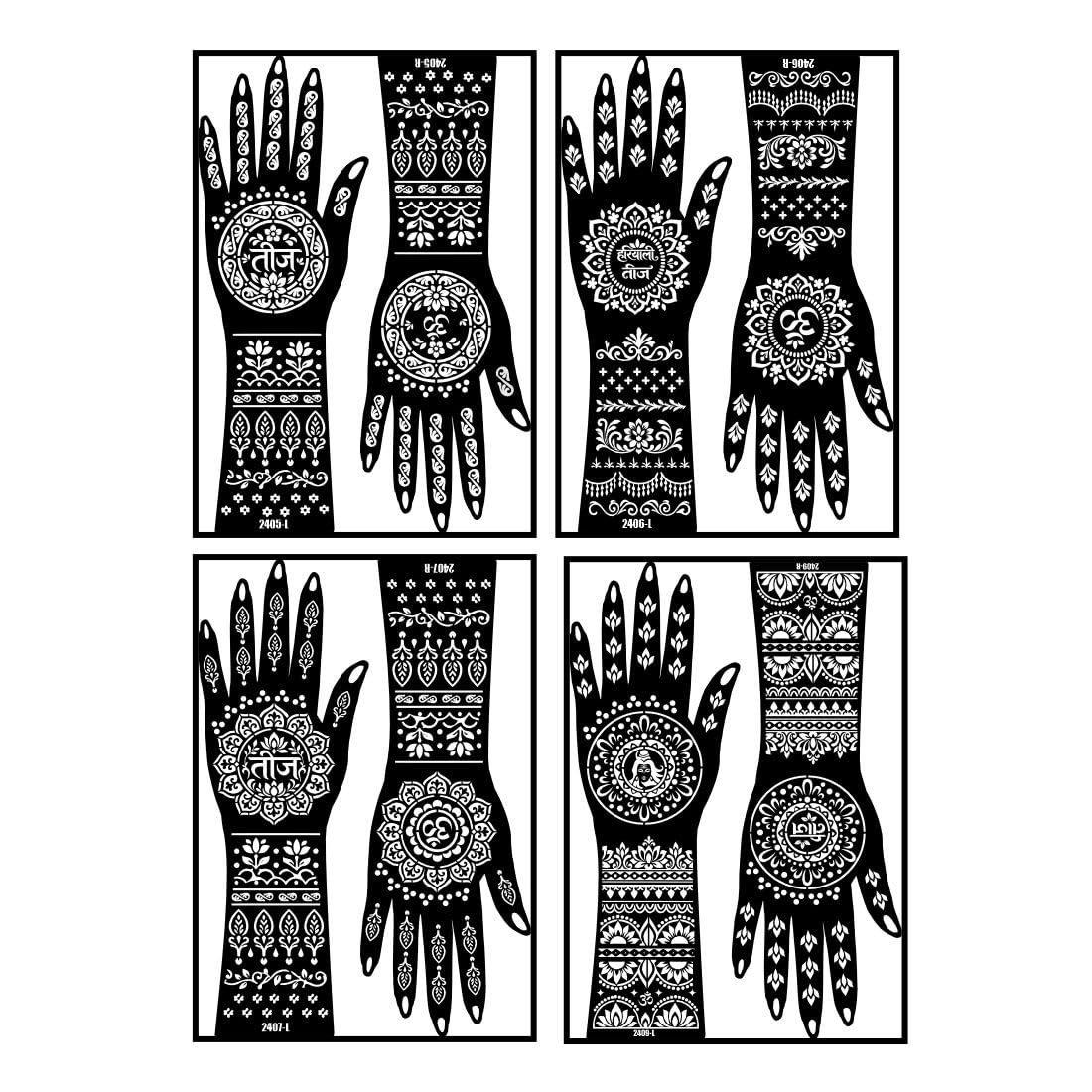 Traditoanl Teej Text Art & Floral Leaf Pattern Mehndi Stencil Sticker Combo Pack For Festival Celebration-image-6