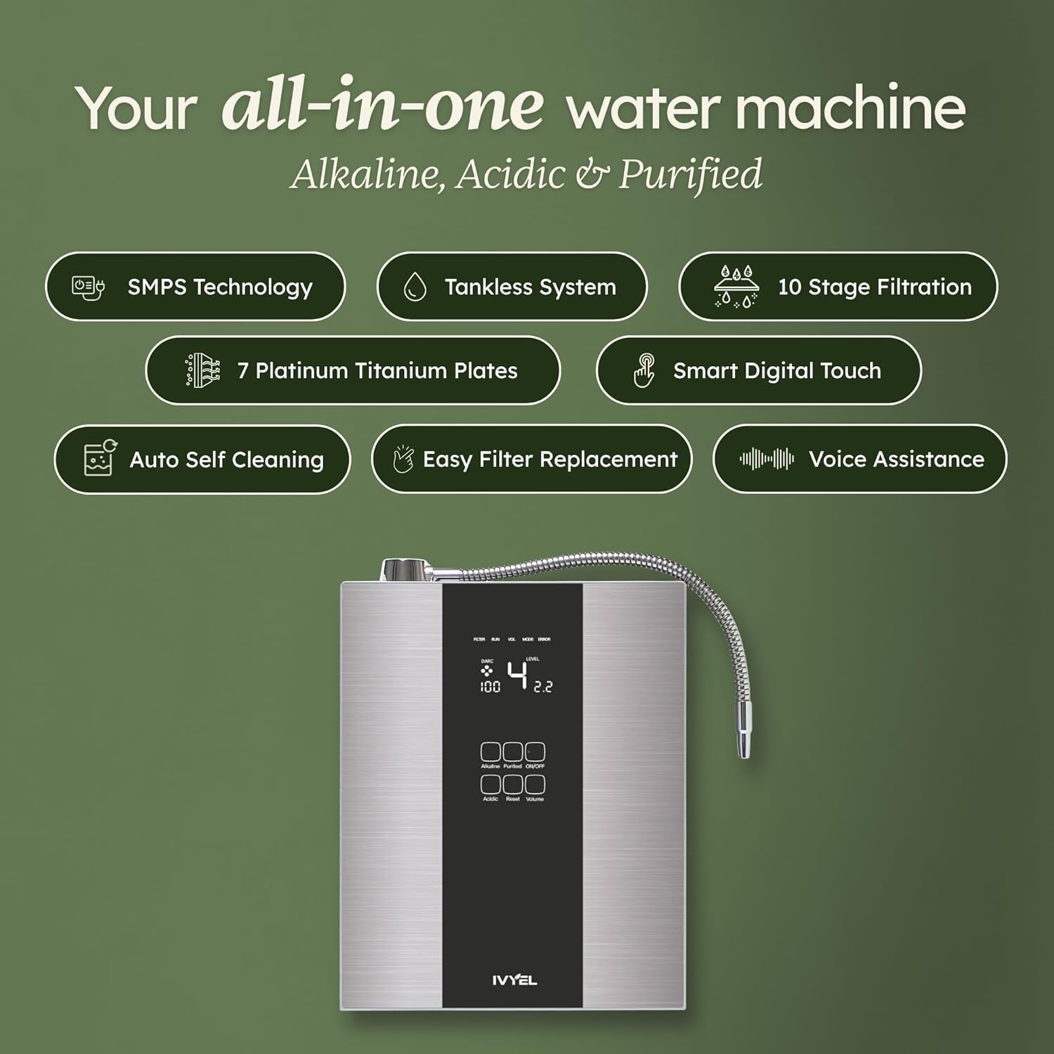 Korea-Made Ivyel PL Alkaline Water Machine,Water ionizer, Produces ph 8.5-10.0 Alkaline Water/Acidic Water/Hydrogen Water/Water Purifier Filter/Ionized Water/Antioxidant Water