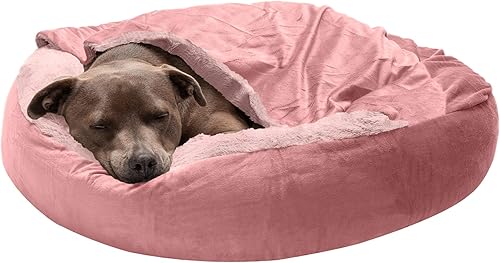 Furhaven - Cama para perro con forma de dona de terciopelo de felpa con manta adjunta, color rosa, talla M