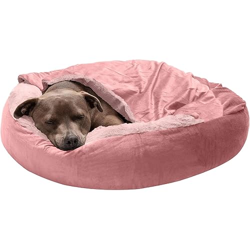 Furhaven 27" Round Calming Donut Dog Bed for Medium/Small Dogs, Washable, For Dogs Up to 45 lbs - Plush Velvet Waves Hooded Donut Bed - Rose Pink, Medium