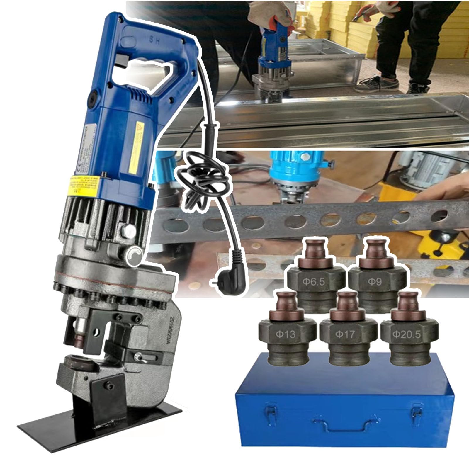 1300 W Elektrischer Hydraulischer Locher, Hydraulische Stanzmaschine Mhp-20 Mit 5 Matrizen (ø 6,5–20,5 Mm), Stanzgeschwindigkeit: 2–3 Sekunden,FüR Stahl, Eisen, Aluminium, Kupfer,Channel-Steel