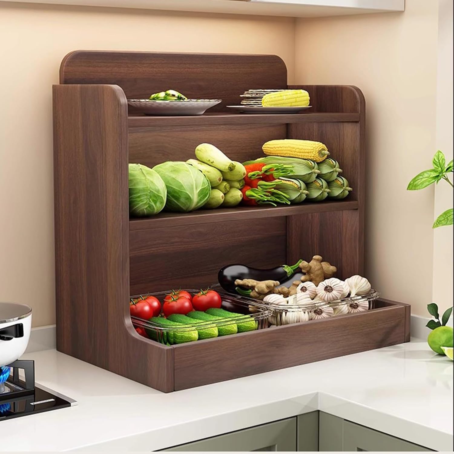 Organizador de madera para encimera y estante de almacenamiento, estante de despensa de 3 niveles, soporte para tazas de café para cocina, sala de estar, dormitorio, oficina