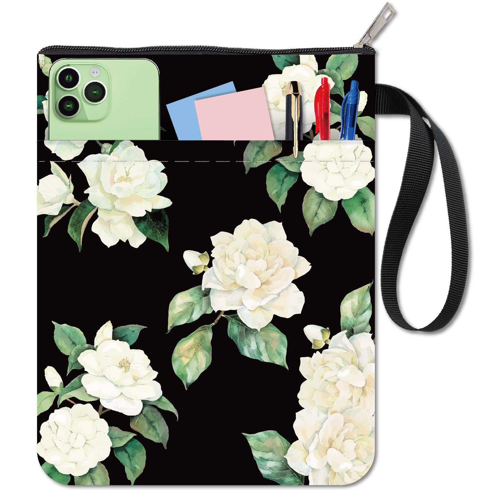 CRASPIRE Flower Book Covers Camellia Sleeve White Floral Protector for Paperbacks Washable Fabric Cloth with Zipper and Extra Pocket for Lovers Classmate Gifts
