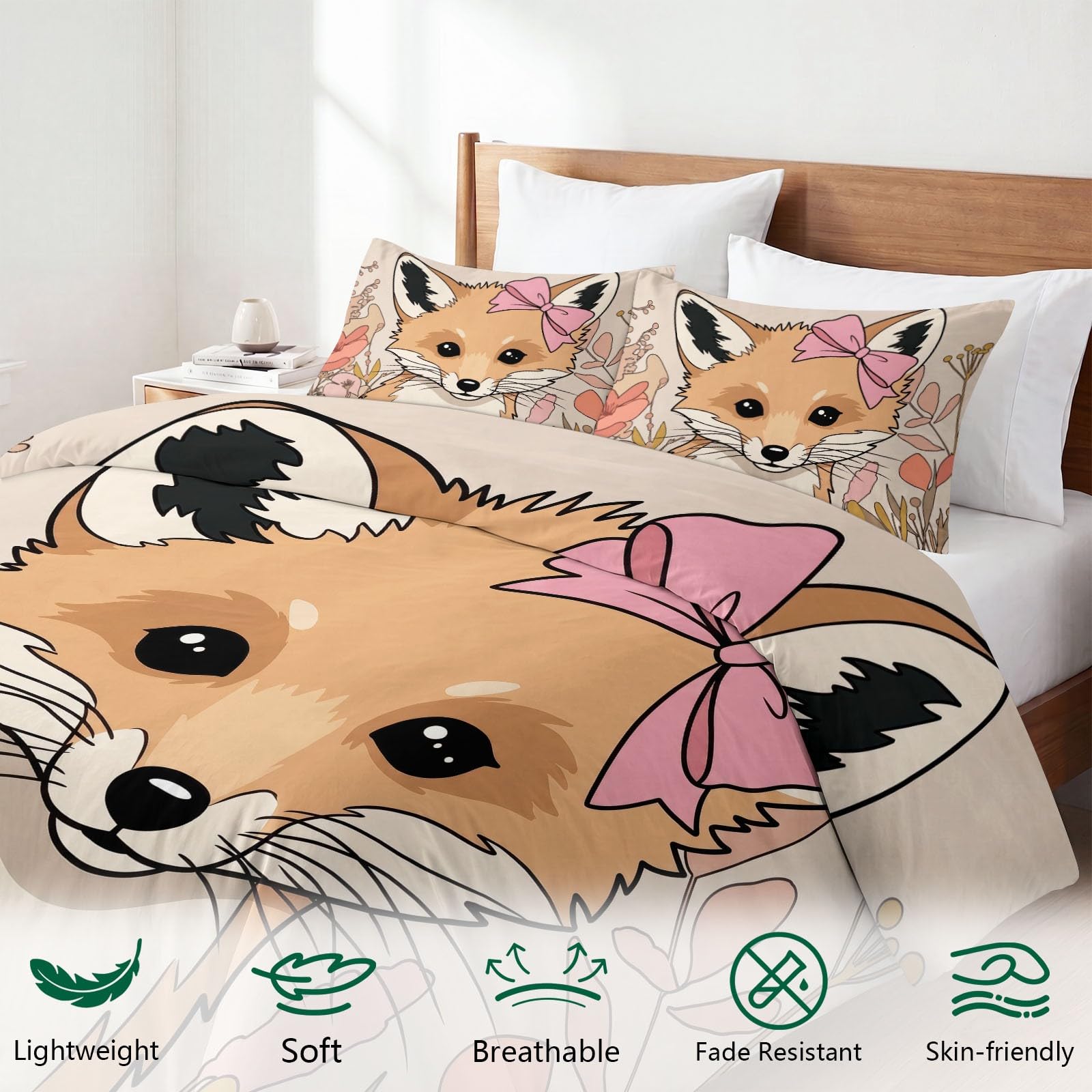Generisch Bettwäsche Set 3-teilig 200 x 200 cm, Niedlich Handgezeichnet Kinderbettwäsche Mikrofaser mit Reißverschluss - Bettbezug Tiere Fuchs Schleife für Jungen Mädchen Hellbeige Bettwaren