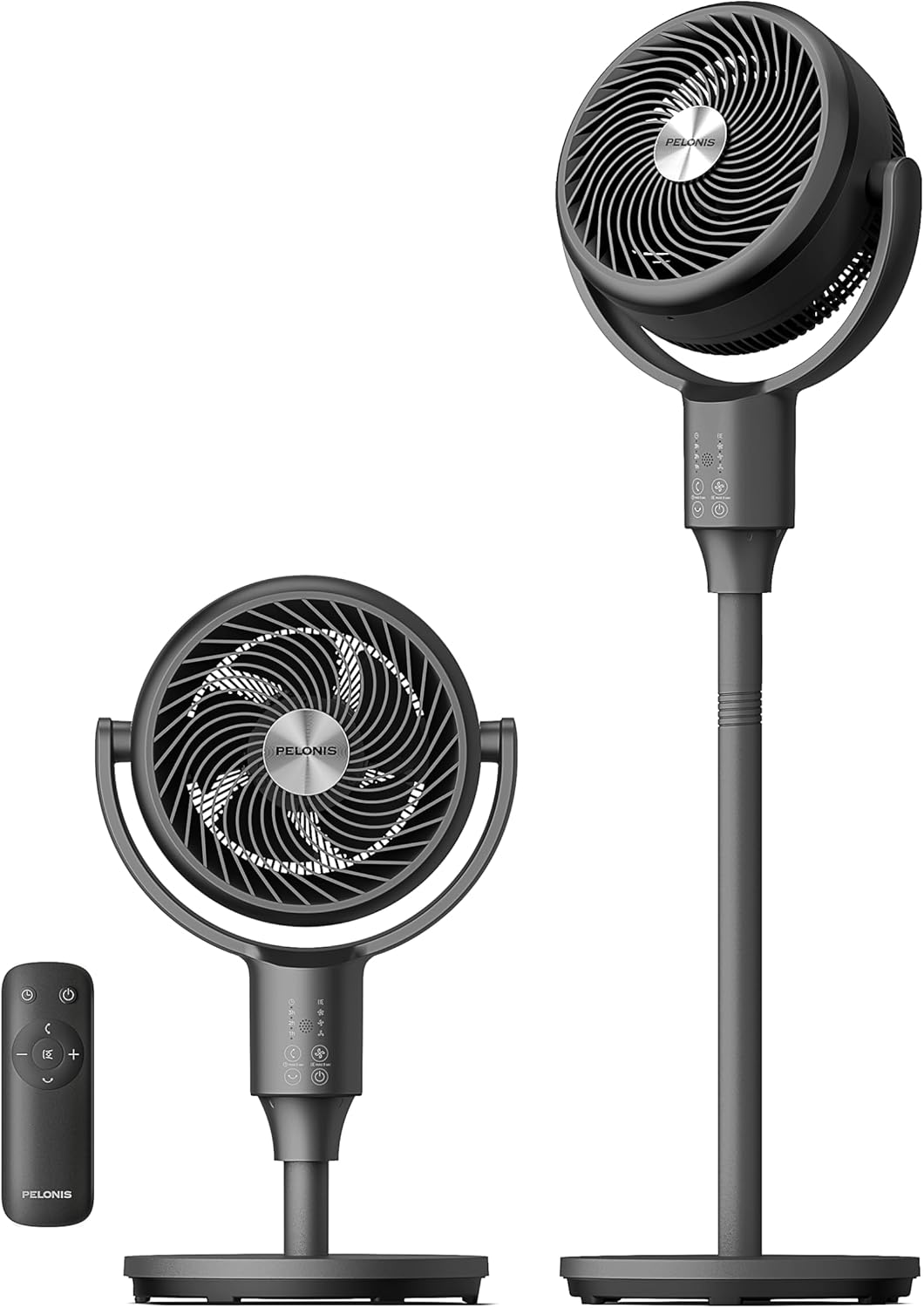 PELONIS AeroFan, Table Fan & Pedestal Fan, 22ft/s, OmniFlow (135°+90°Auto Oscillation), 23 dB Quiet Oscillating Floor Fan with 3 Speeds, Remote, 7H Timer, Memory Function, Standing Fans for Bedroom