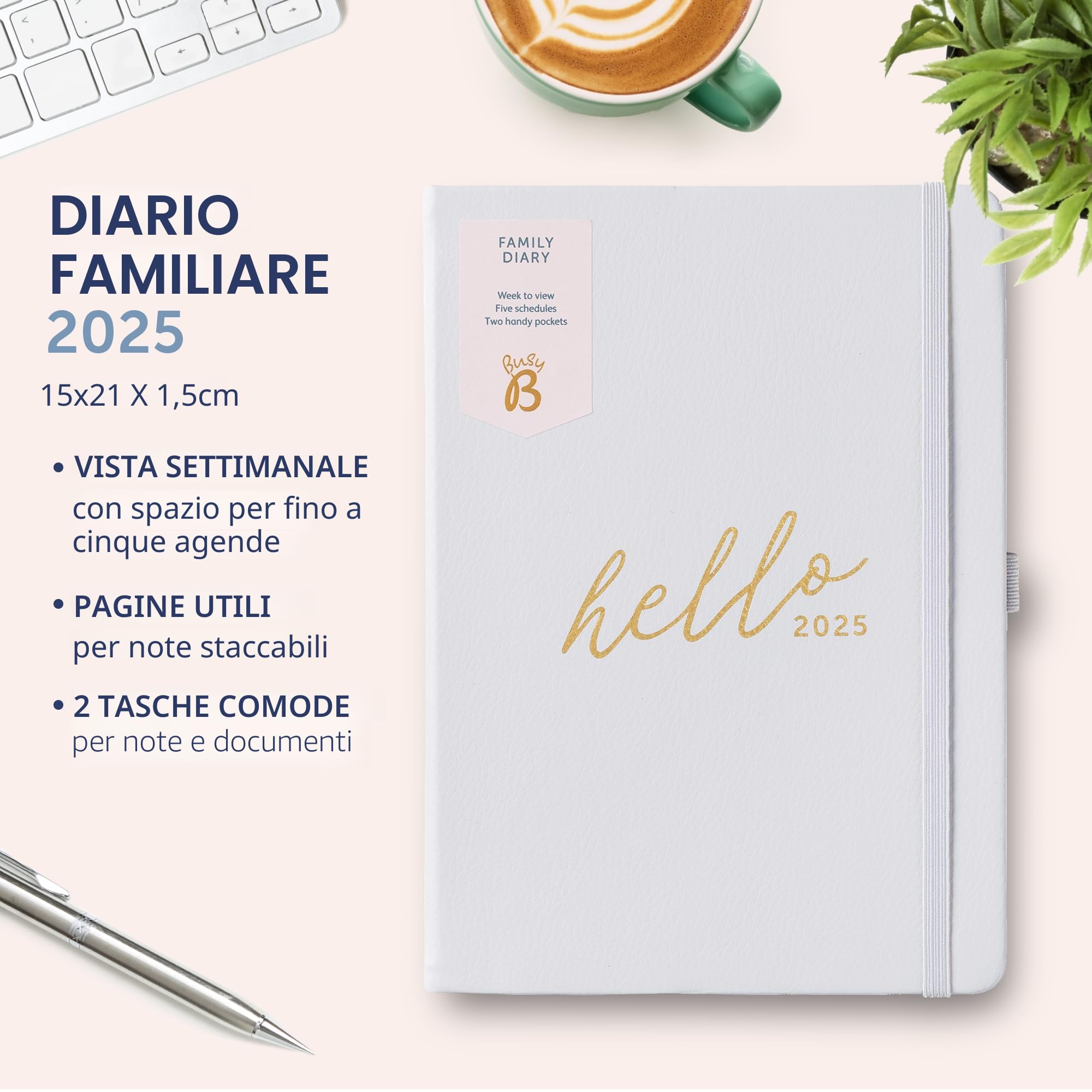 Busy B Family A5 Agenda 2025 - Agenda settimanale con 5 orari, copertina in ecopelle viola e lamina d'oro - Include agenda dell'anno, compleanni, note da strappare e nastro segnapagina