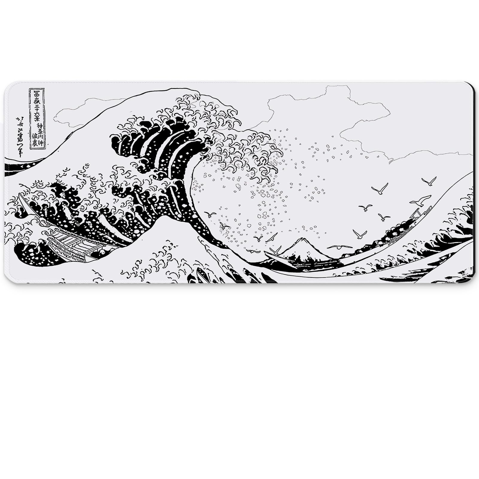 BLITZPAW Gaming Mouse Pad with Japanese Sea Wave, Extended Large Cool Mousepad for Desk, 31.5 x 11.8 in, Non-Slip Base, Stitched Edges for Gaming and Office Work White