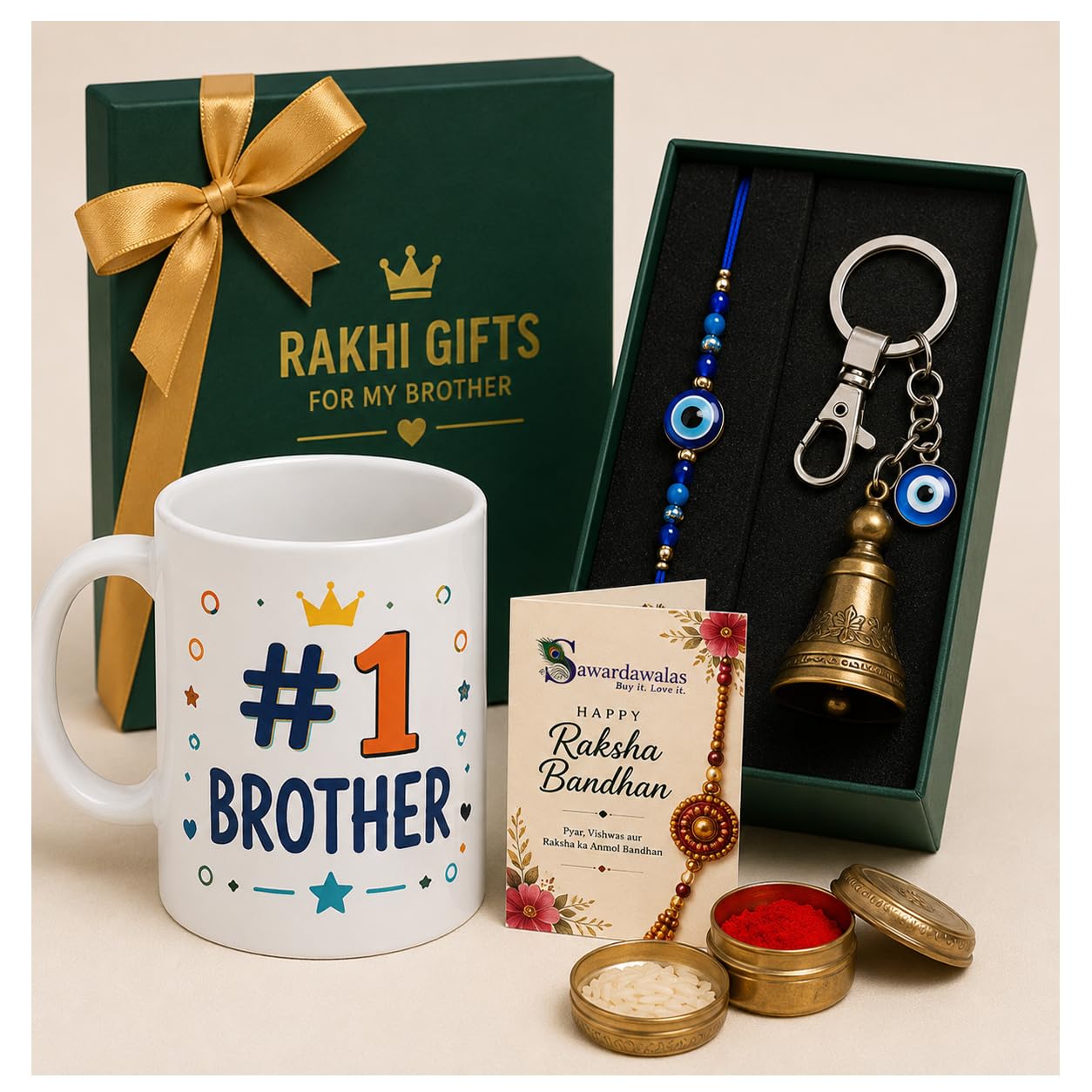#1 Brother Rakhi Gift Hamper | Ceramic Coffee Mug, Evil Eye Rakhi, Guardian Bell Keychain, Roli Chawal & Raksha Bandhan Greeting Card | Premium Gift Combo for Brother-image-6