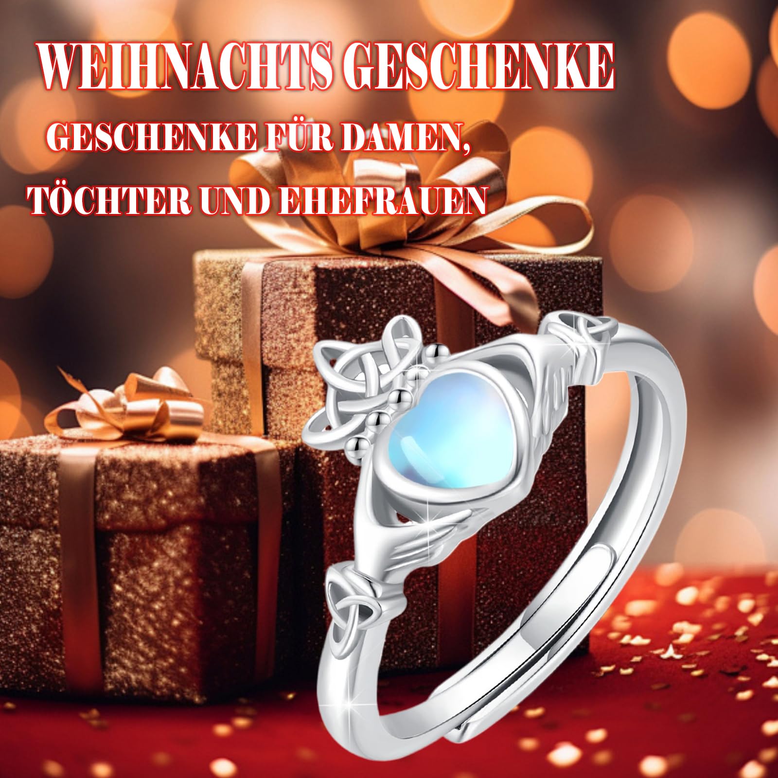 Claddagh Ring Damen 925 Sterling Silber Mondstein Irischer Ring Claddagh Herz Ringe Verstellbar Offener Ringe Geschenk Schmuck für Damen
