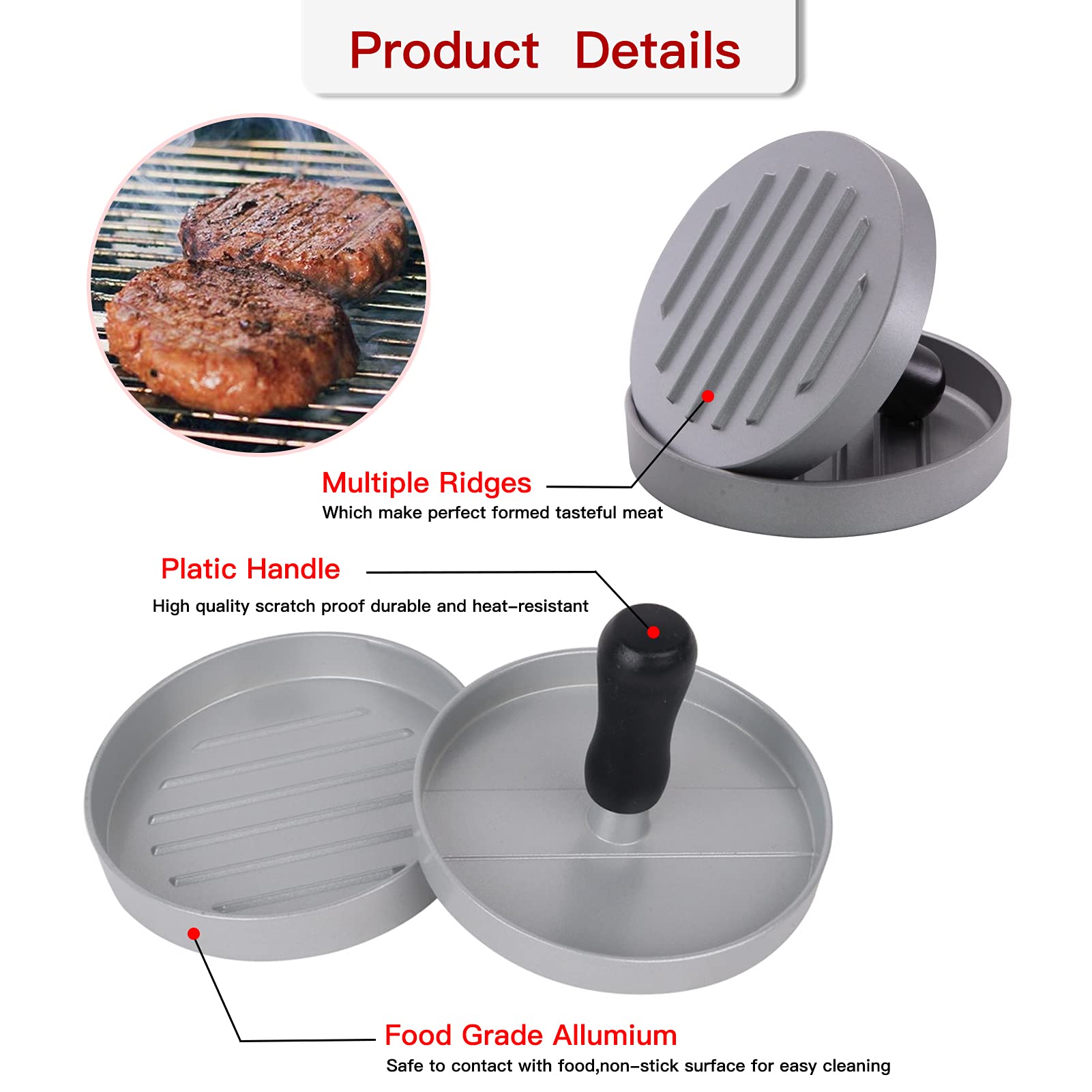 Pressa Hamburger in Alluminio - Stampo per Hamburger Antiaderente con Set di 100 Carta per Hamburger - Ideale per Hamburger di Carne e Vegetariani - Accessorio per Barbecue