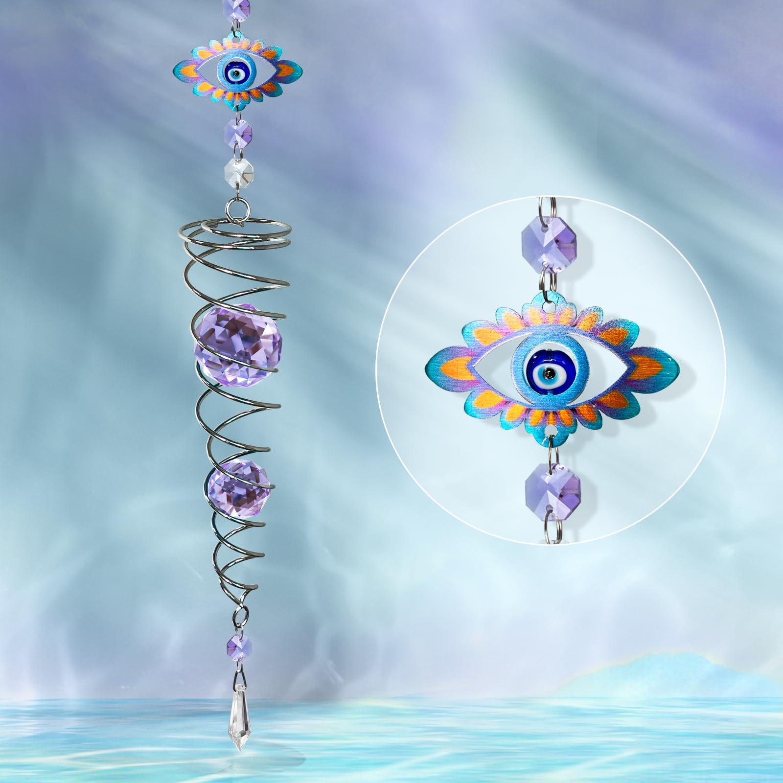 FONMY Evil Eye Gazing Ball Spiral Tail Wind Spinner Sun Catcher Rainbow Maker Silver Spiral W/Purple K9 Crystal Ball Christmas GifTree Hanging