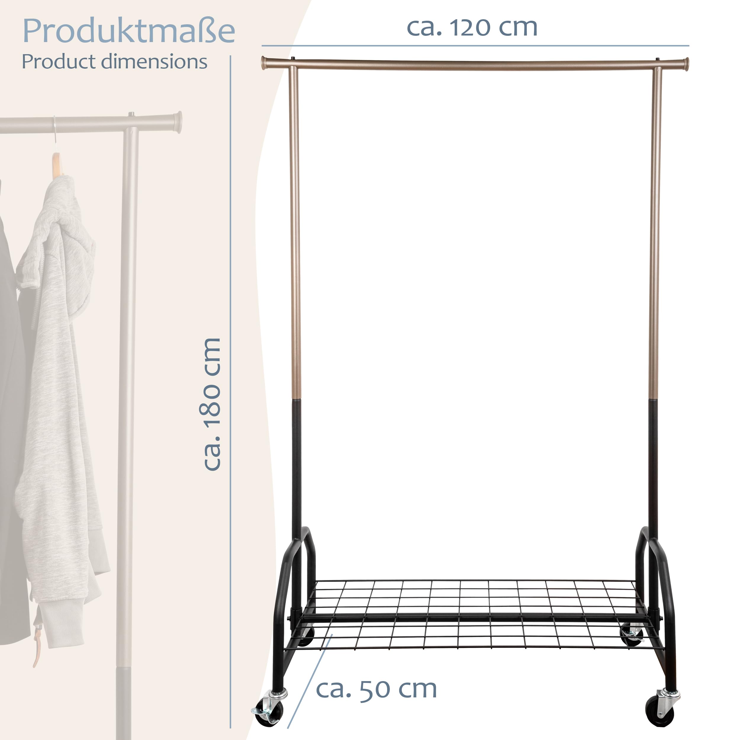 ONVAYA Kleiderständer mit Abdeckung | hohe Traglast | stabil | mit Rollen und Ablagefach | Abdeckhülle | Schwerlast | bis 100 kg | Metall/Kunststoff | anthrazit | 120 x 50 x 180 cm