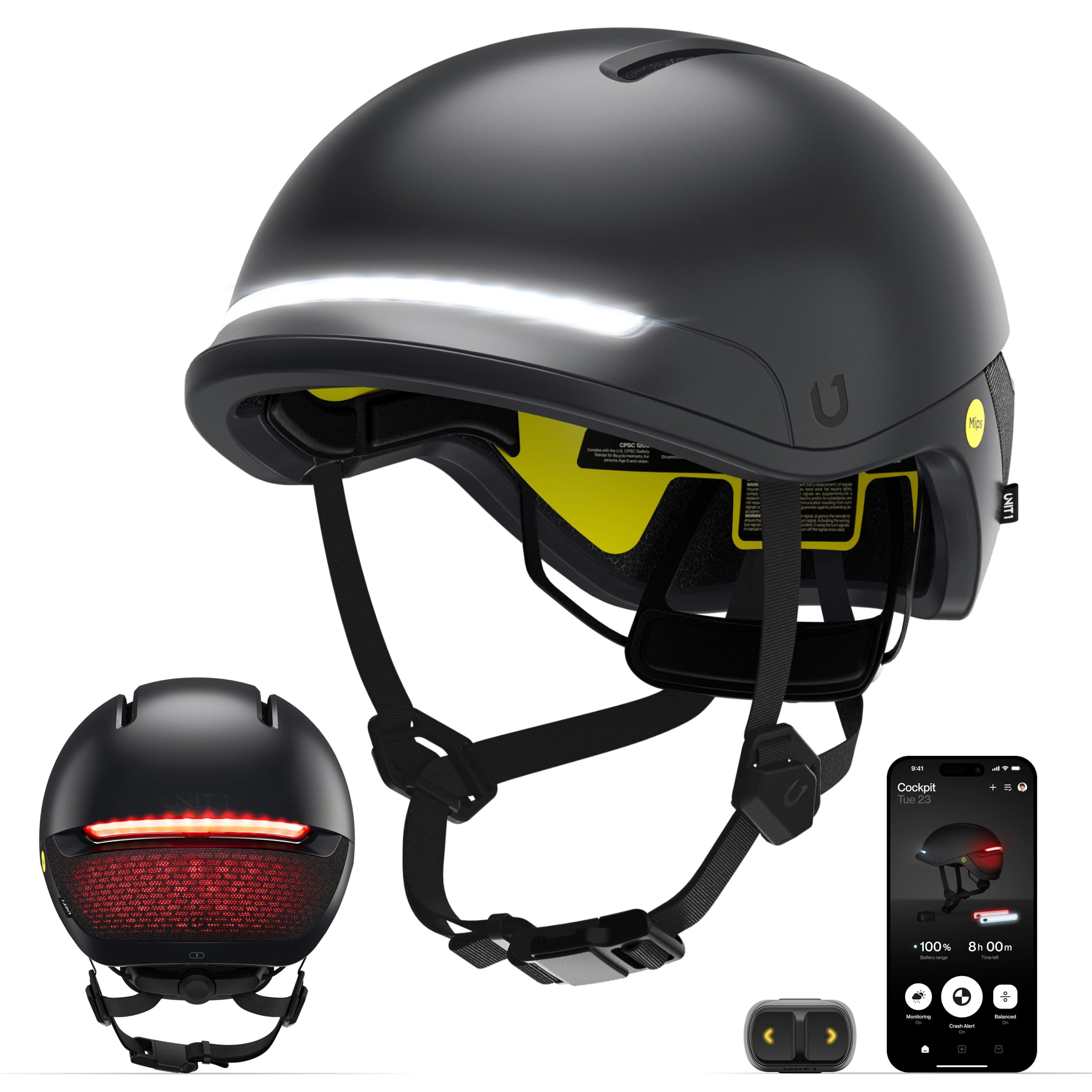 UNIT 1 FARO Smart Bike Helmet | MIPS | Front & Rear LED Lights | Crash Alert | Turn Signals & Brake Lights | Nav Remote Included | Bike, E-Bike, Scooter Certified | iOS & Android App