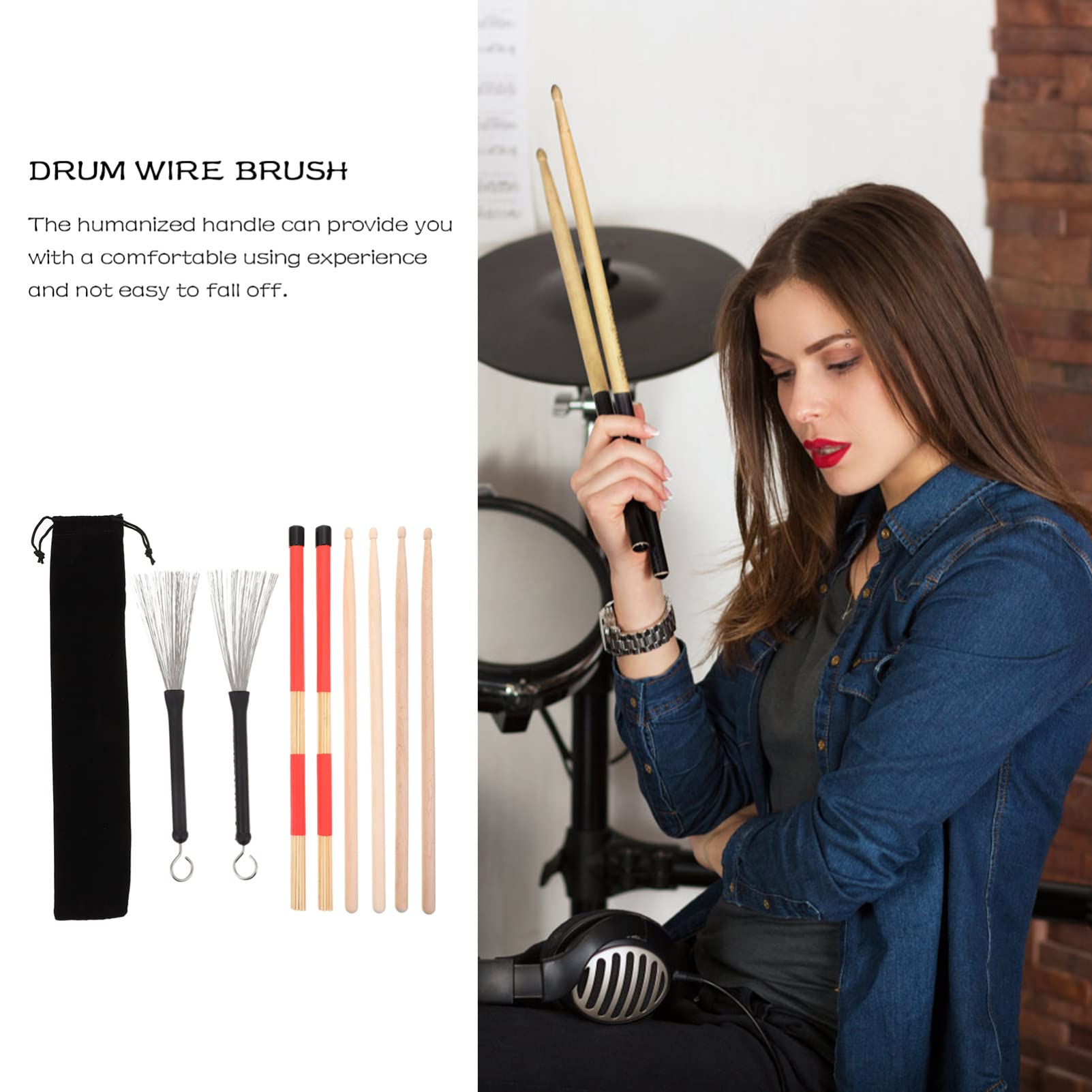 FRCOLOR Juego De Baquetas Para Batería 5a Con Cepillo De Alambre De Acero Para Batería Jazz, Color Rojo Con Funda De Tela Para Accesorios e Instrumentos Musicales, Adecuado Para Práctica y Escenarios