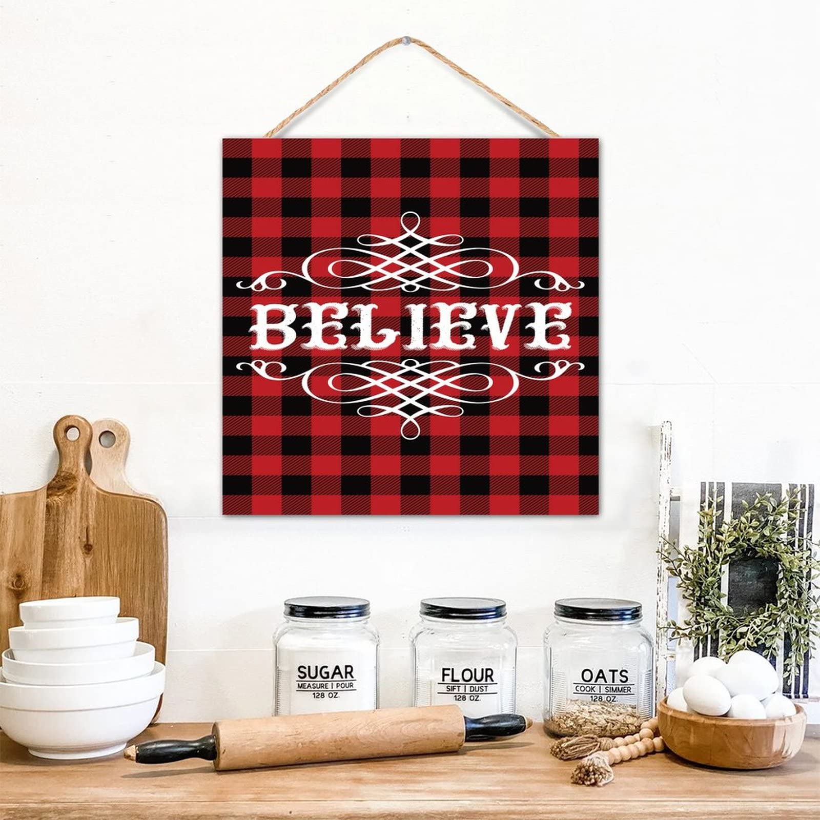 Panneau de motivation en bois Believe rouge et noir 30,5 cm pour déco chambre enfant