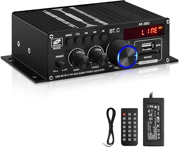 AK-380 USB SD BT.C FM AUX Audio Power Amplifier 400W+400W 2.0 CH HiFi Stereo AMP Speaker Bluetooth 5.0 Amp Receiver with 12V 5A Power Supply,FM Antenna for Car Home Bar Party