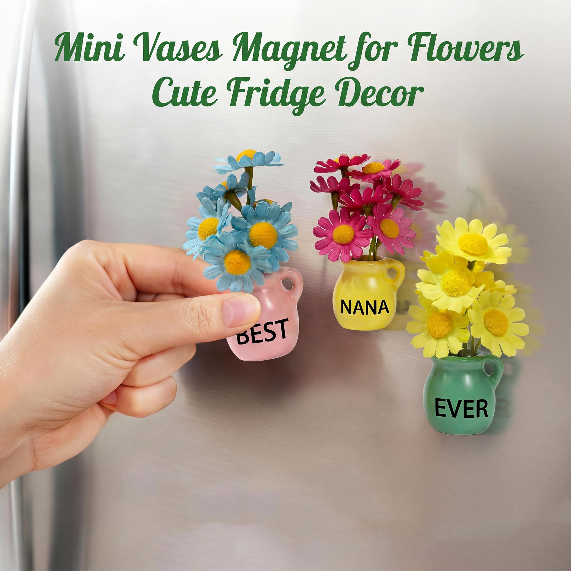 Nana Gifts - Mini Vase Magnets for Fridge, Best Nana Ever 3-Piece Ceramic Magnet Set with Artificial Flowers, for Nana from Granddaughter/Grandson, Refrigerator Magnets for Kitchen