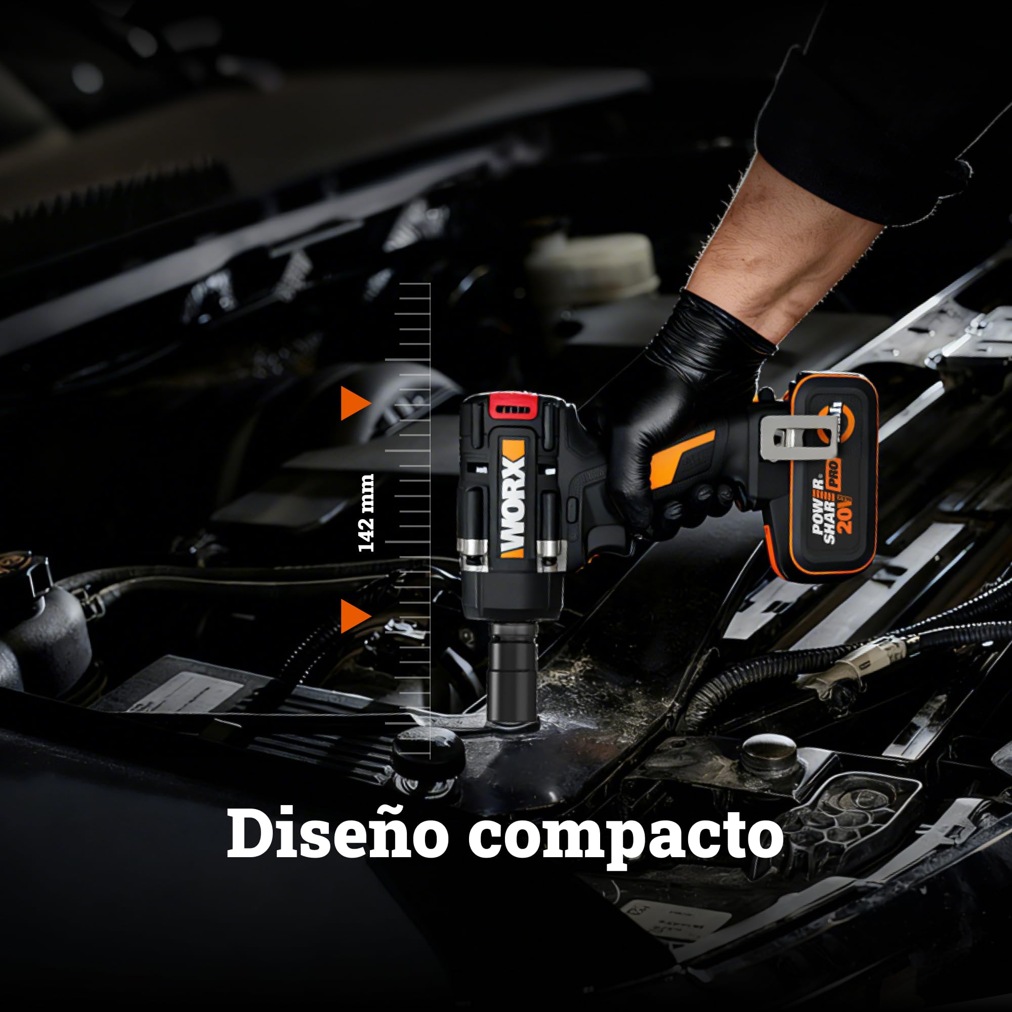 WORX WX273 Llave de Impacto Brushless 20V 4Ah, 600 Nm, 1/2" | Motor brushless, 3 velocidades, 3.300 bpm, hasta 2.800 rpm, cuadradillo 1/2", cargador 2A incluido, PowerShare 20V