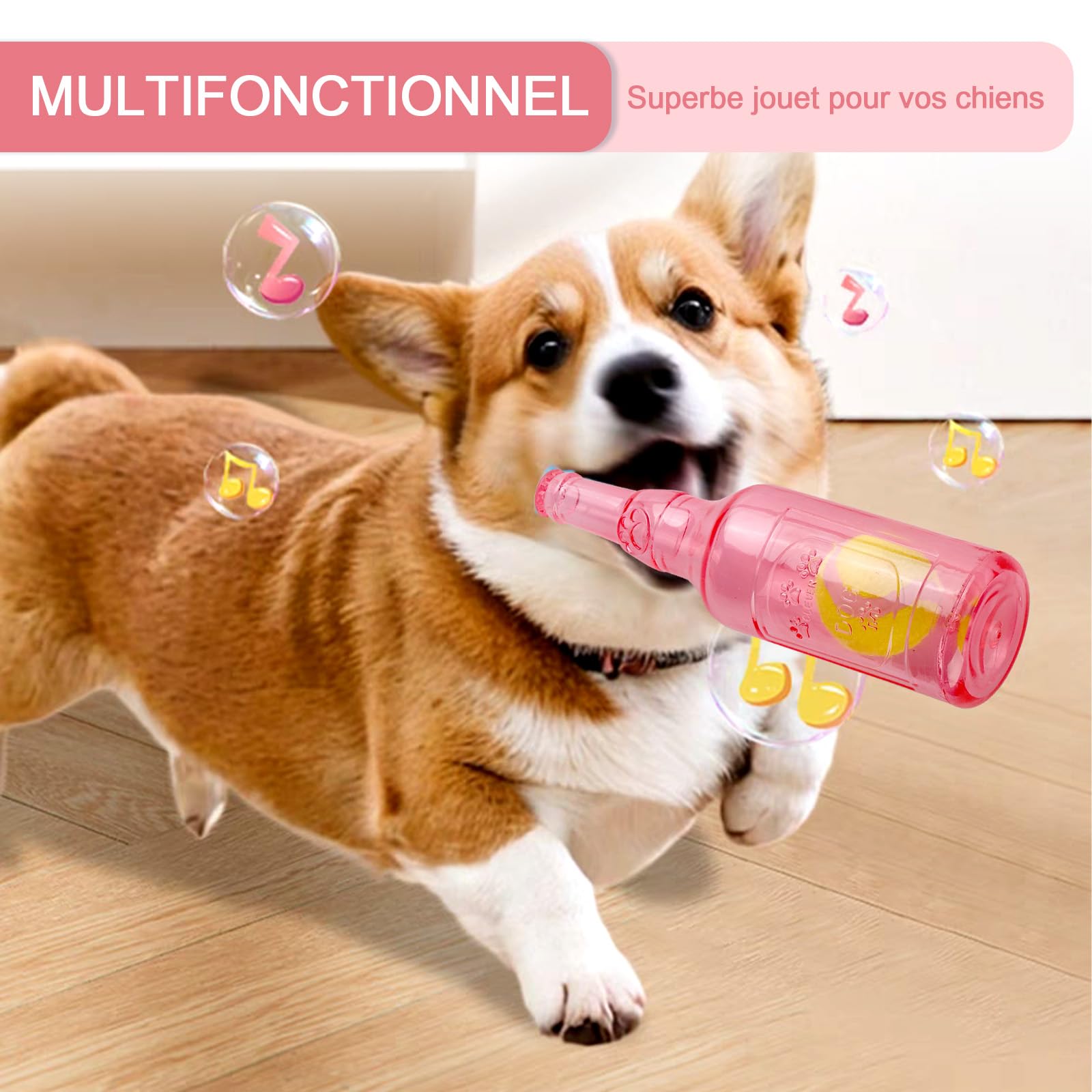 Jouet pour Chien en Bouteille de Caoutchouc, Jouets Interactif à Qui Couinement pour Chiot, Résistant à la Morsure Jouet pour Les dent pour Jeux Petits et Moyens Chiens (Rose)