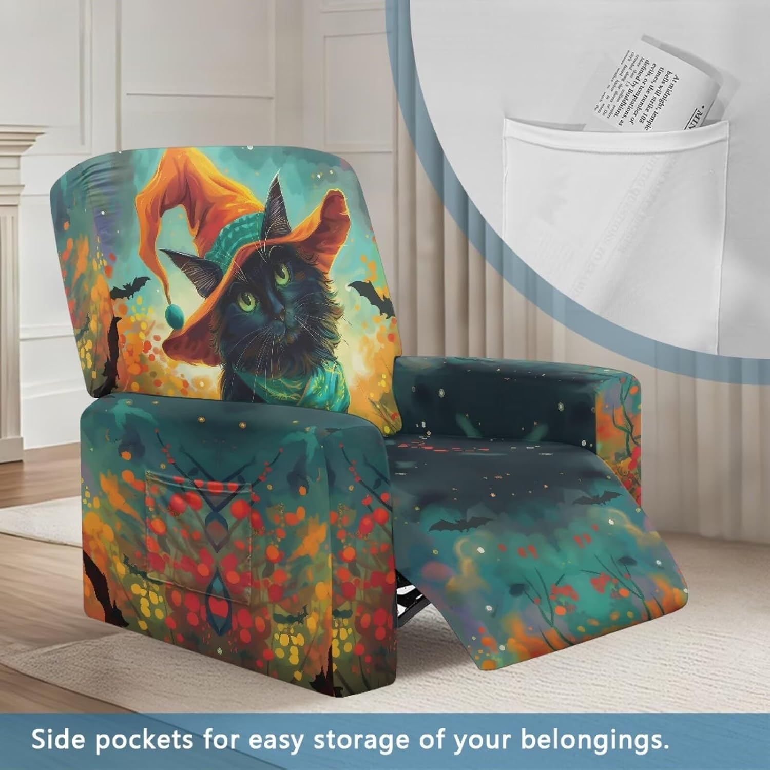 FOR U DESIGNS Halloween Black Cat Cover for Recliner Chair 4 Pieces Stretch Fabric with Pockets Protects Furniture from Damage Washable Home Use Pets Children Comfort
